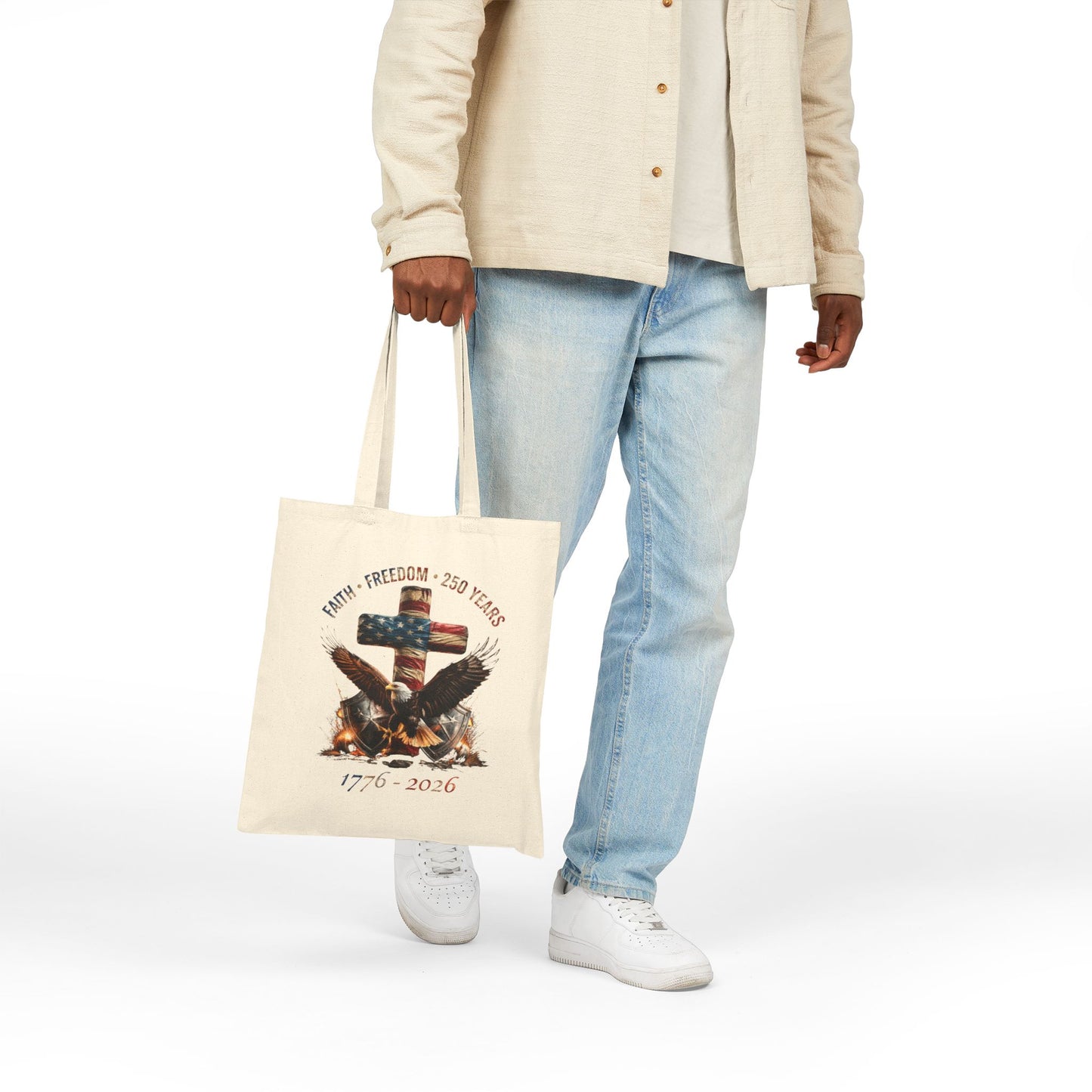 #250 Faith • Freedom 250 Years American Flag Cross & Eagle 1776-2026 Canvas Tote
