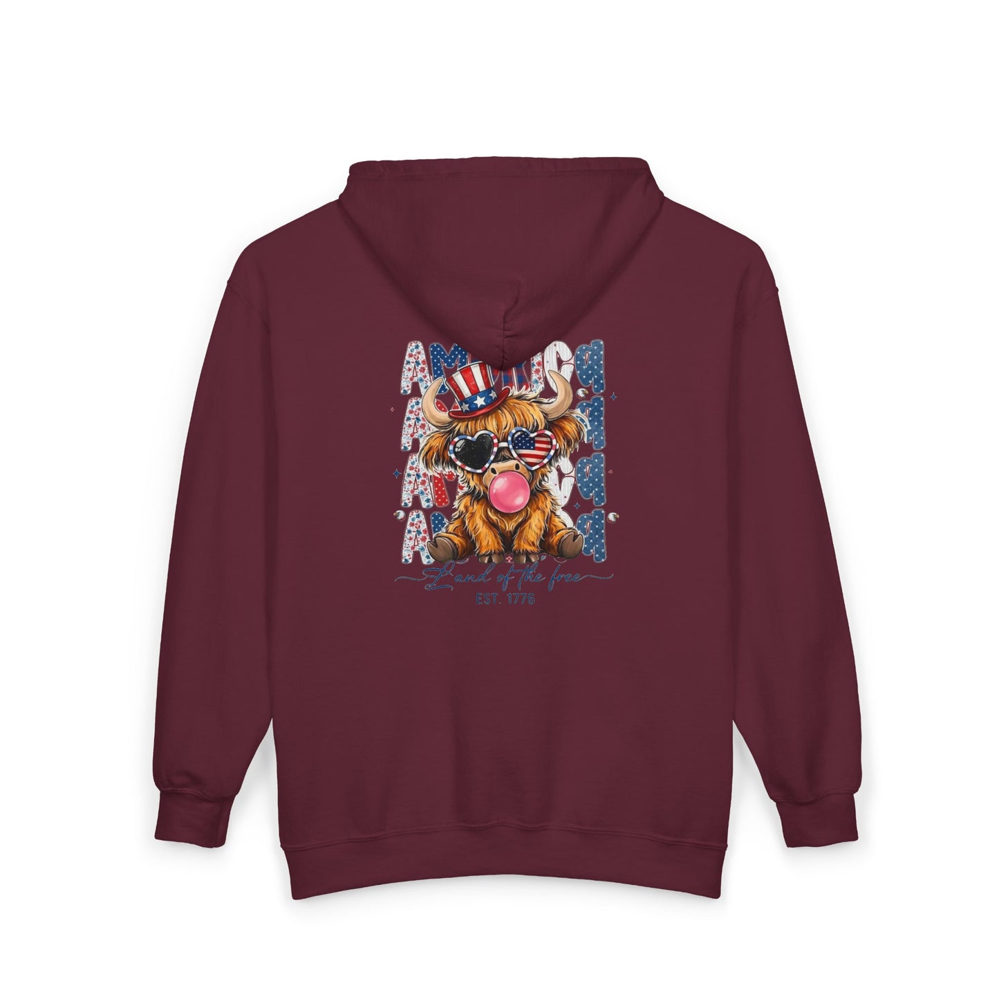 #250 American Flag Bubblegum Patriotic Highland Cow Zip Hoodie
