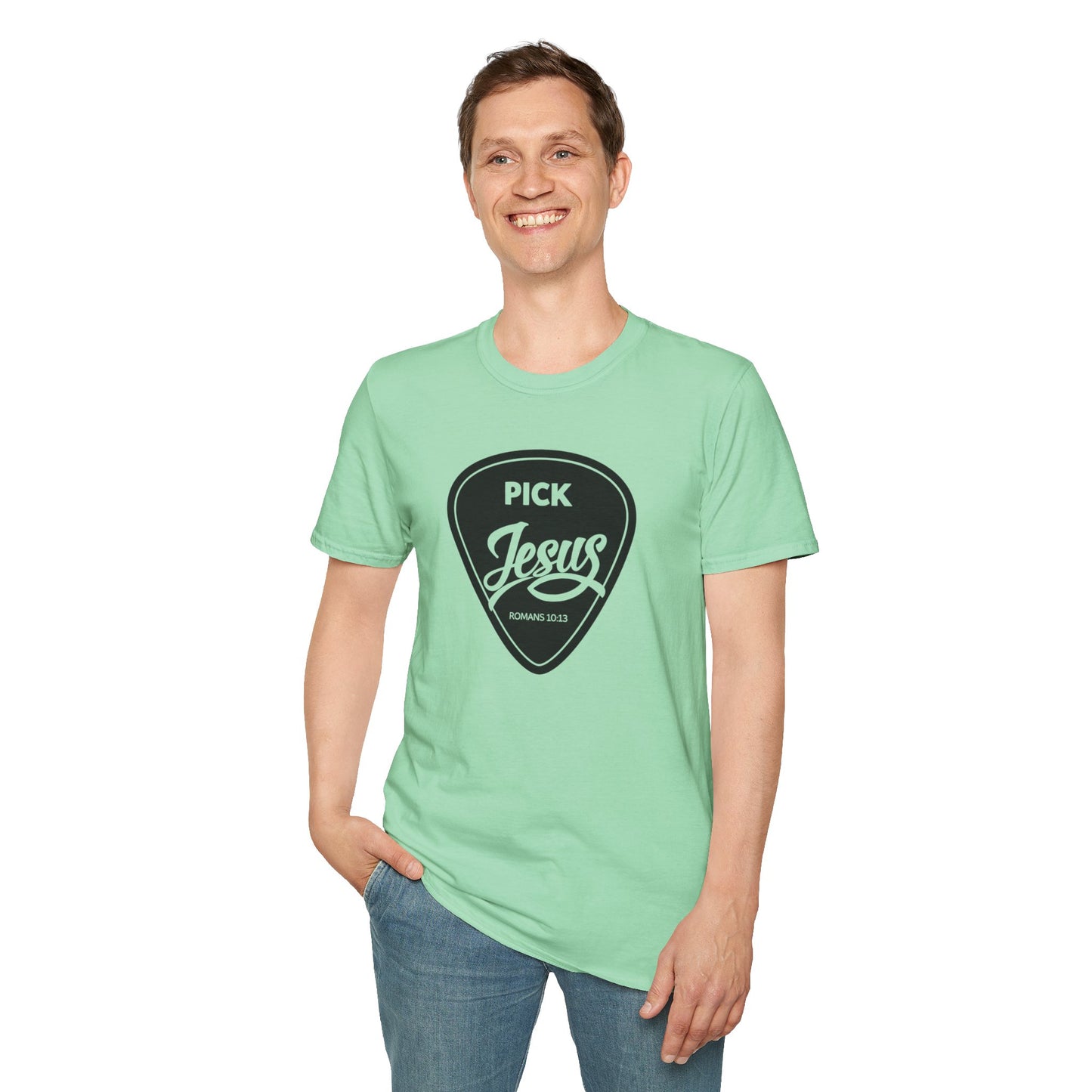 Pick Jesus T-Shirt — Christian Guitar Pick Design (Romans 10:13)