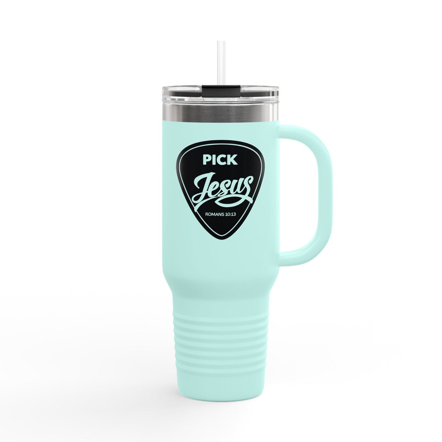Pick Jesus Guitar Pick Insulated Travel Mug 40oz — Christian Design (Romans 10:13) Faith Travel Tumbler