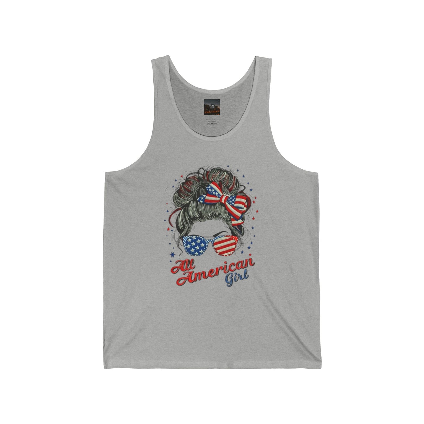 #250 "All American Girl" Patriotic Messy Bun Tank Top