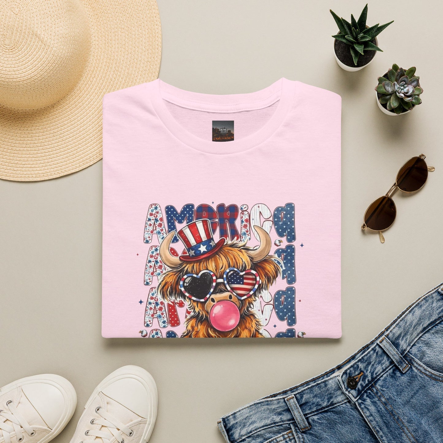 #250 American Flag Bubblegum Patriotic Highland Cow T-Shirt