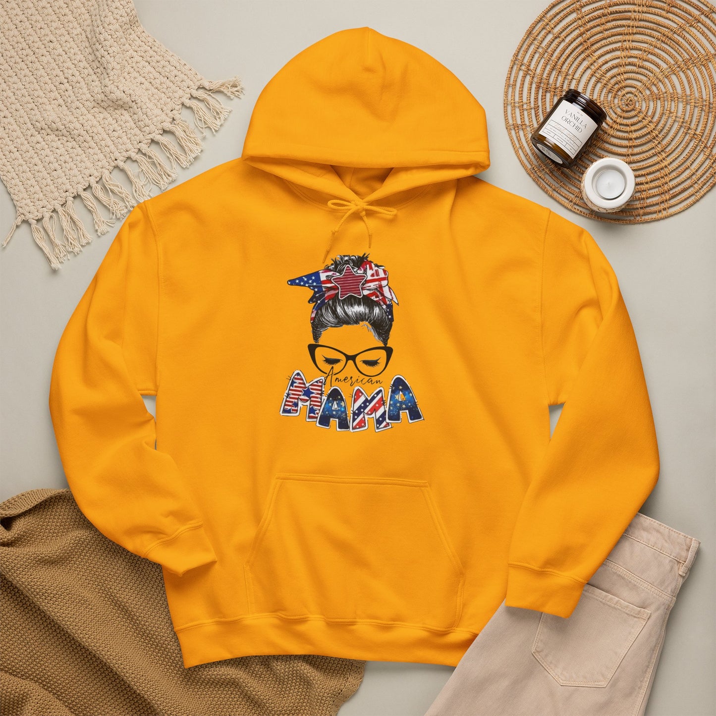 #250 Mama USA Flag Messy Bun Hoodie