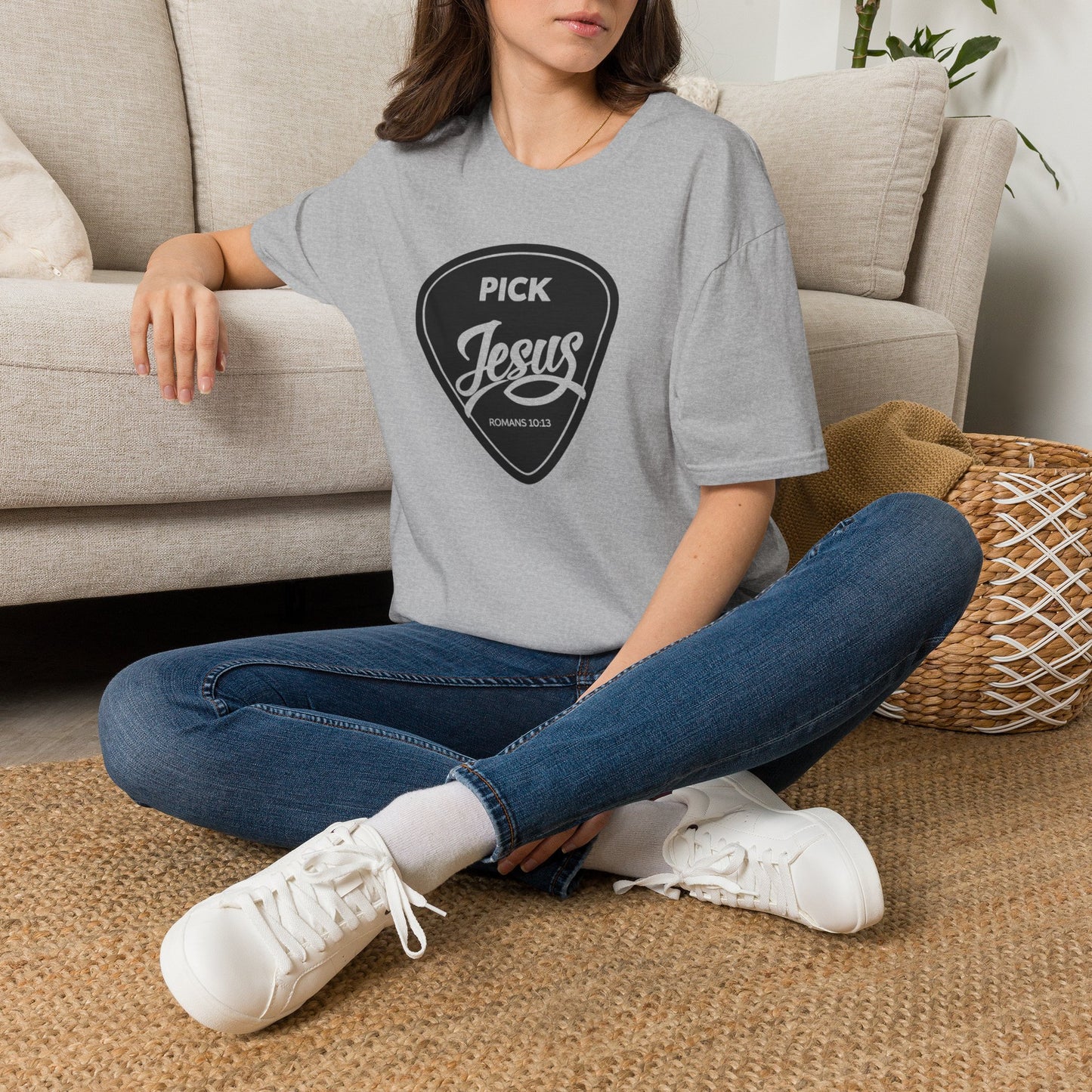 Pick Jesus T-Shirt — Christian Guitar Pick Design (Romans 10:13)