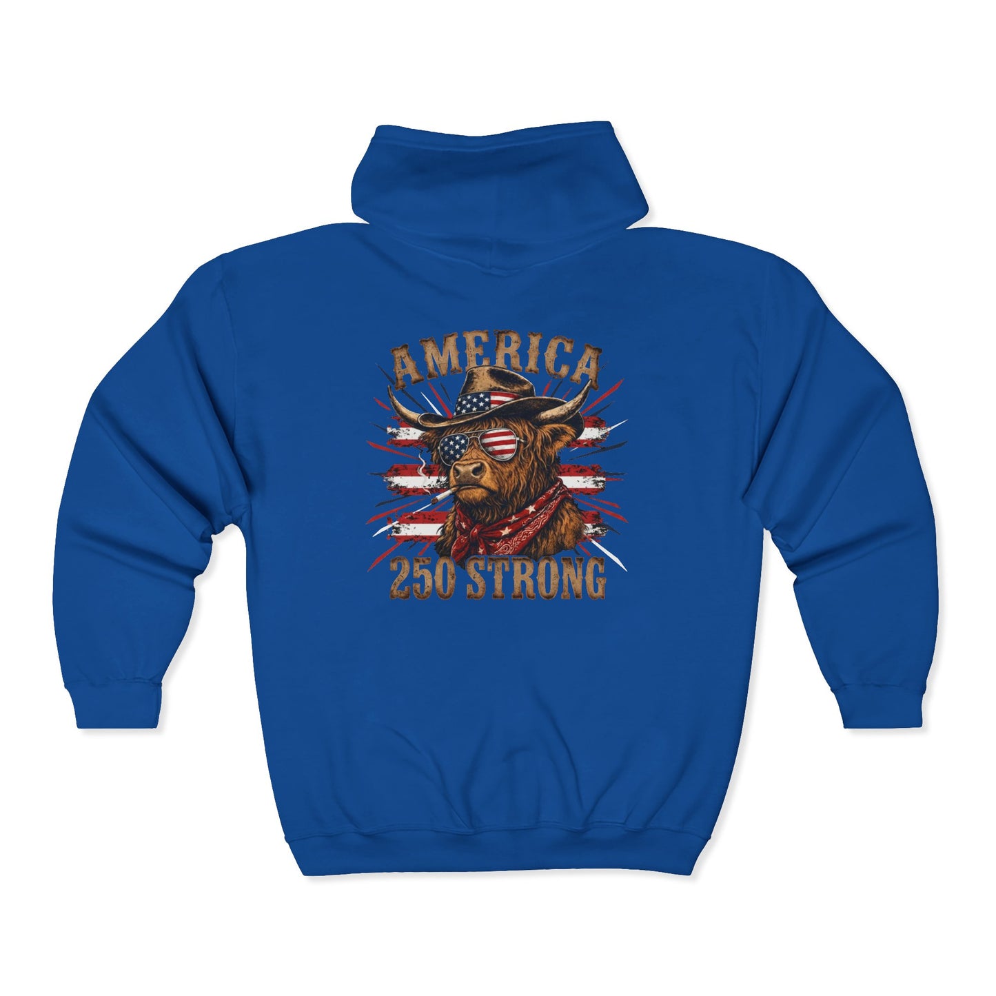 #250 America 250 Strong Patriotic Bull with American Flag Zip Hoodie