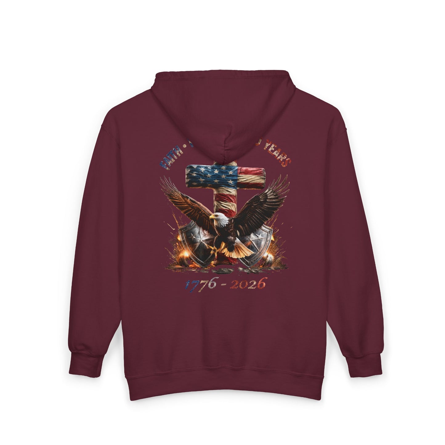 #250 Faith • Freedom 250 Years American Flag Cross & Eagle 1776-2026 Zip Hoodie