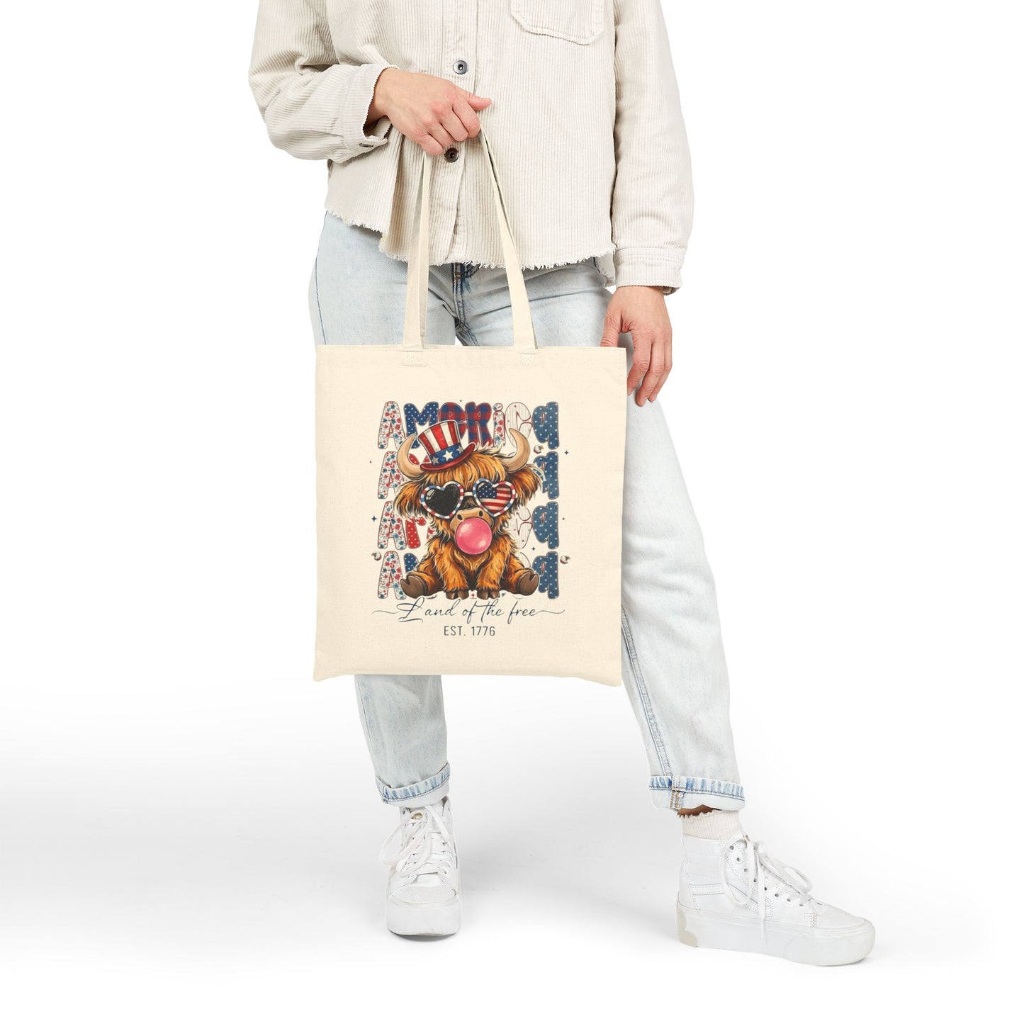 #250 American Flag Bubblegum Patriotic Highland Cow Canvas Tote Bag