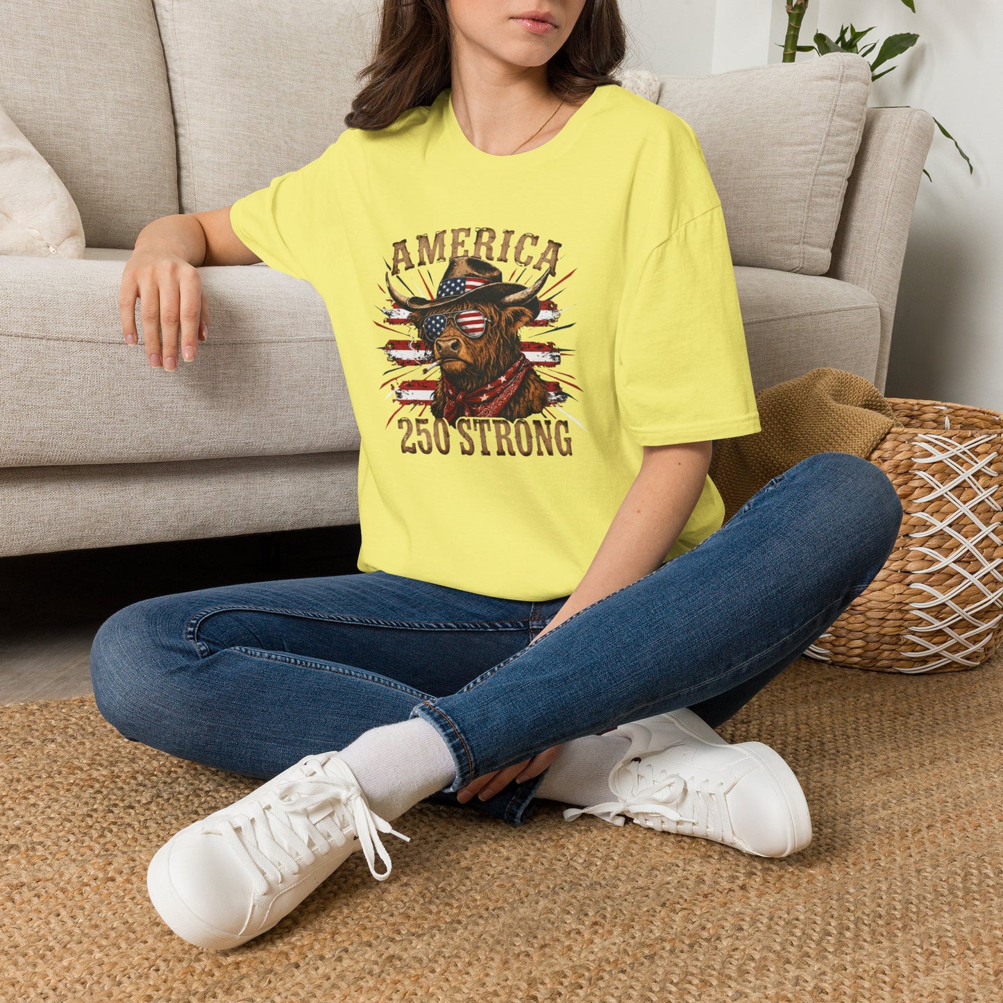 #250 America 250 Strong Patriotic Bull with American Flag T-Shirt