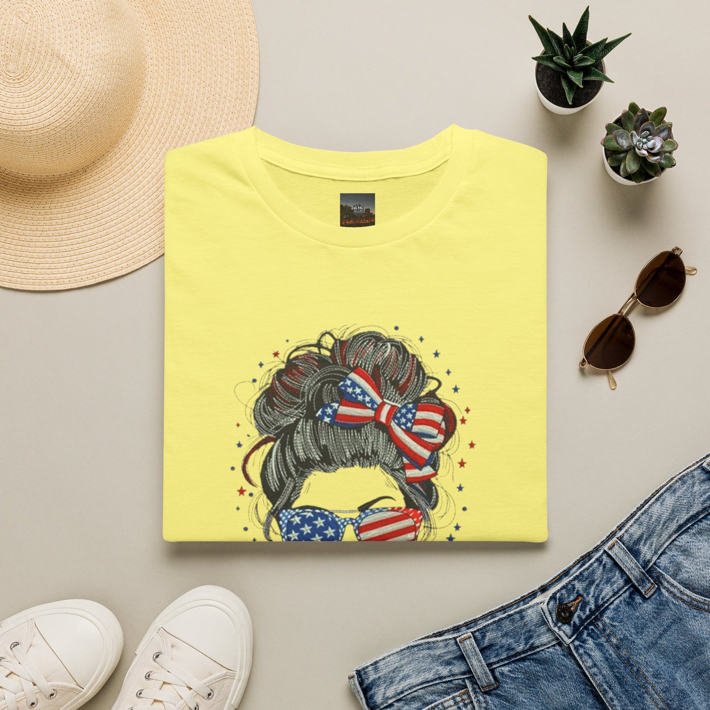 #250 "All American Girl" Patriotic Messy Bun T-Shirt