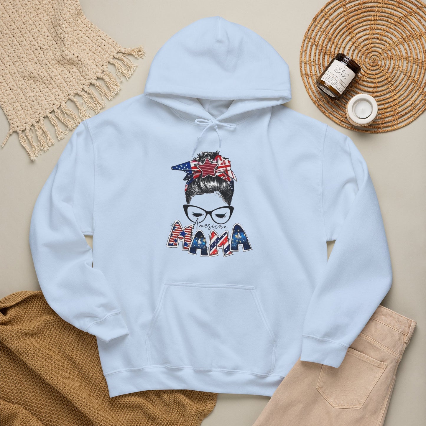 #250 Mama USA Flag Messy Bun Hoodie