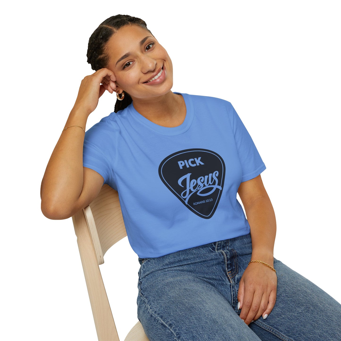 Pick Jesus T-Shirt — Christian Guitar Pick Design (Romans 10:13)