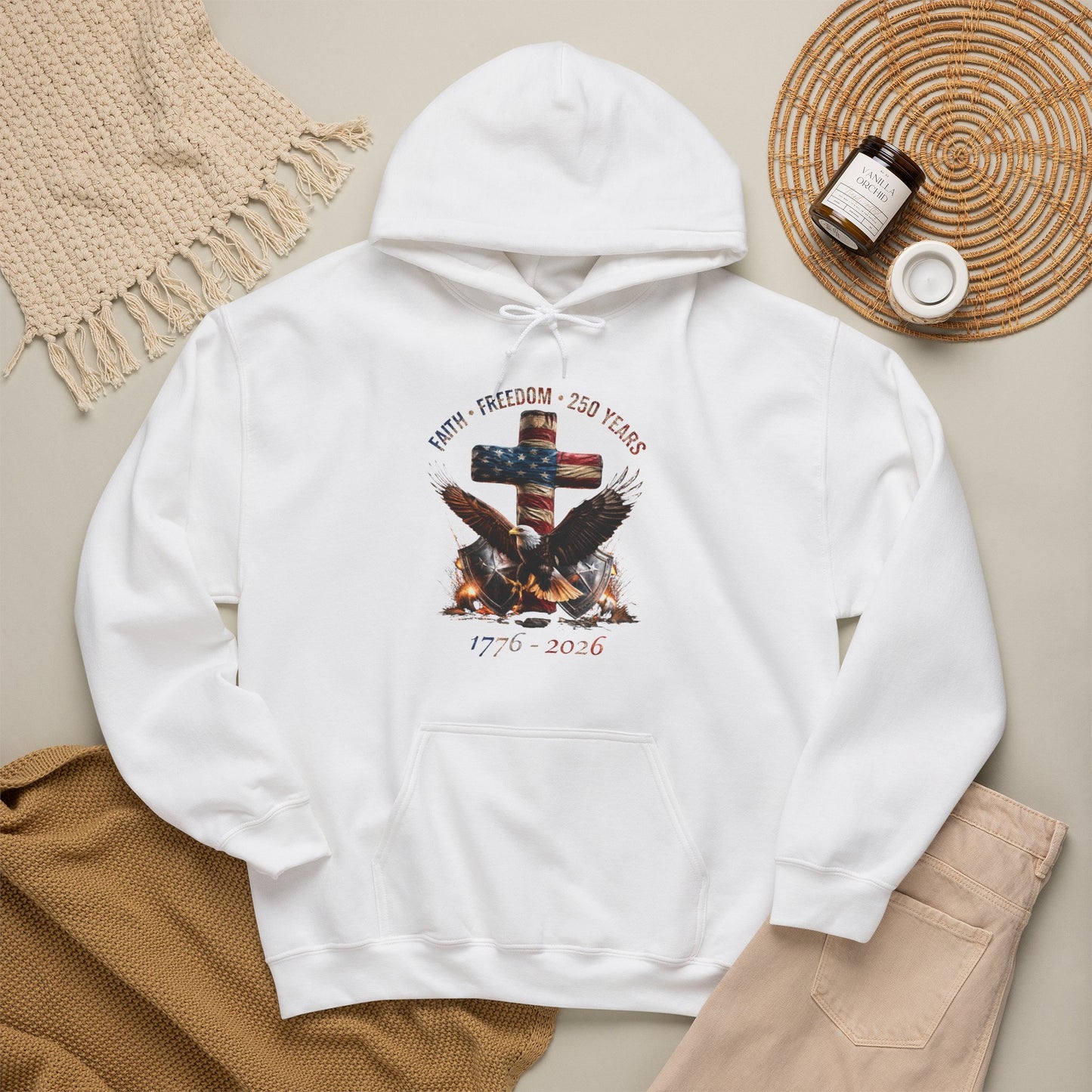 #250 Faith • Freedom 250 Years American Flag Cross & Eagle 1776-2026 Hoodie
