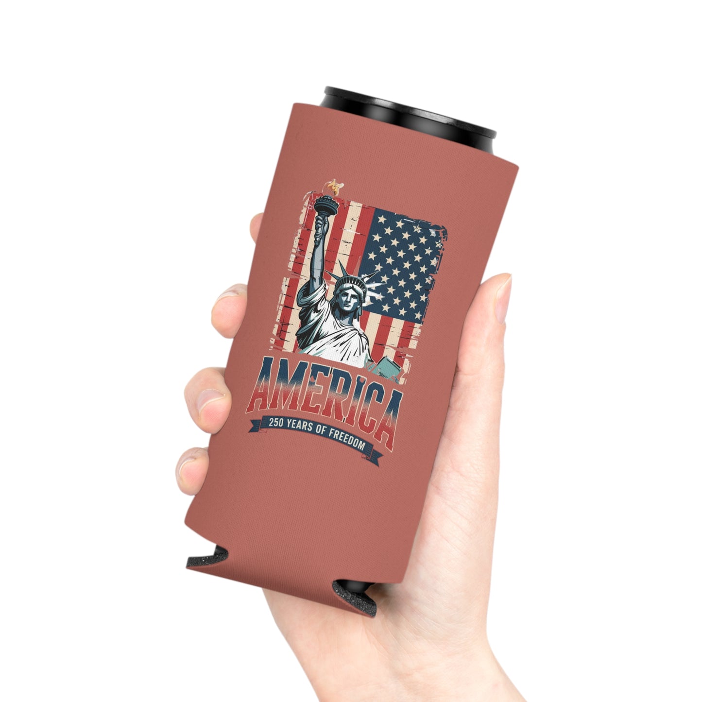 #250 Statue of Liberty American Flag 'America' Patriotic Independence Day Can Cooler - Beverage Koozie