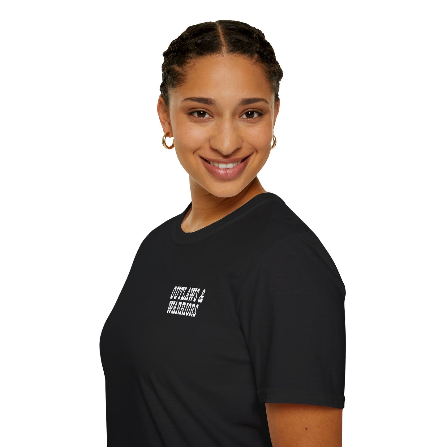 Outlaws & Warriors 100% Cotton SoftStyle T-Shirt — Minimal Chest Logo with Graphic On Back