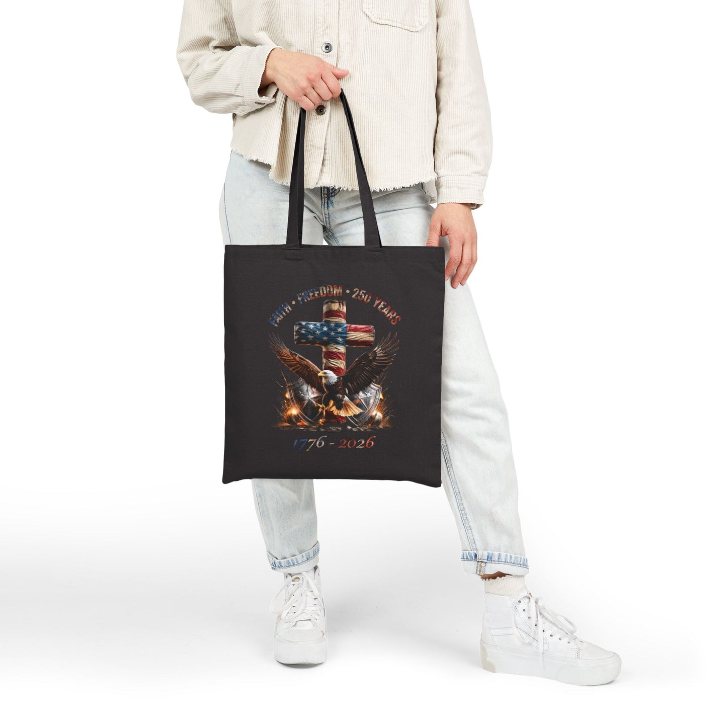 #250 Faith • Freedom 250 Years American Flag Cross & Eagle 1776-2026 Canvas Tote