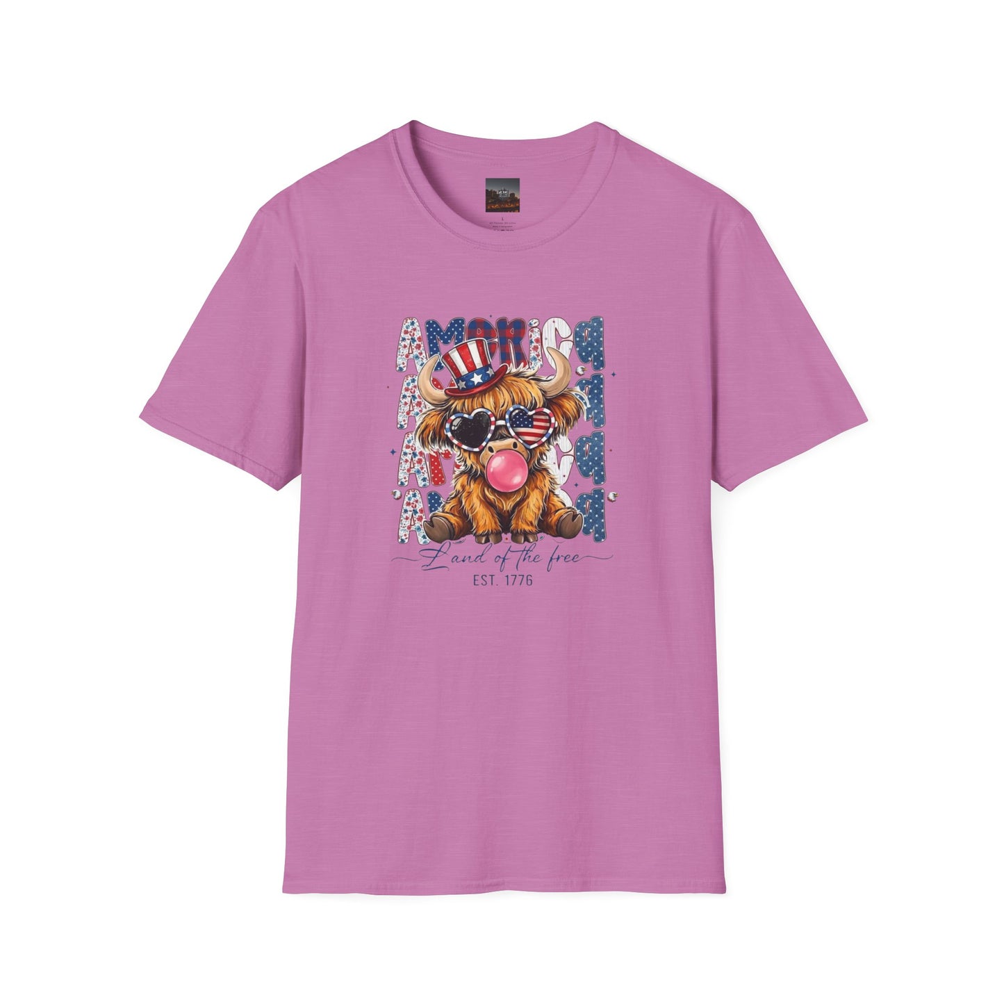 #250 American Flag Bubblegum Patriotic Highland Cow T-Shirt