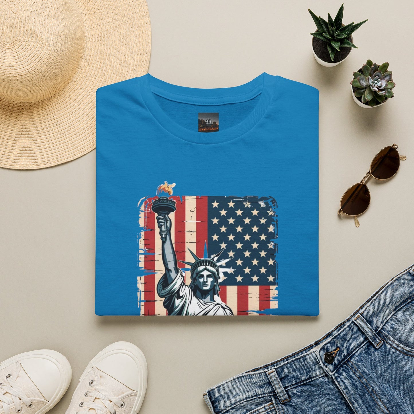 #250 Statue of Liberty American Flag 'America' Patriotic Independence Day T‑Shirt