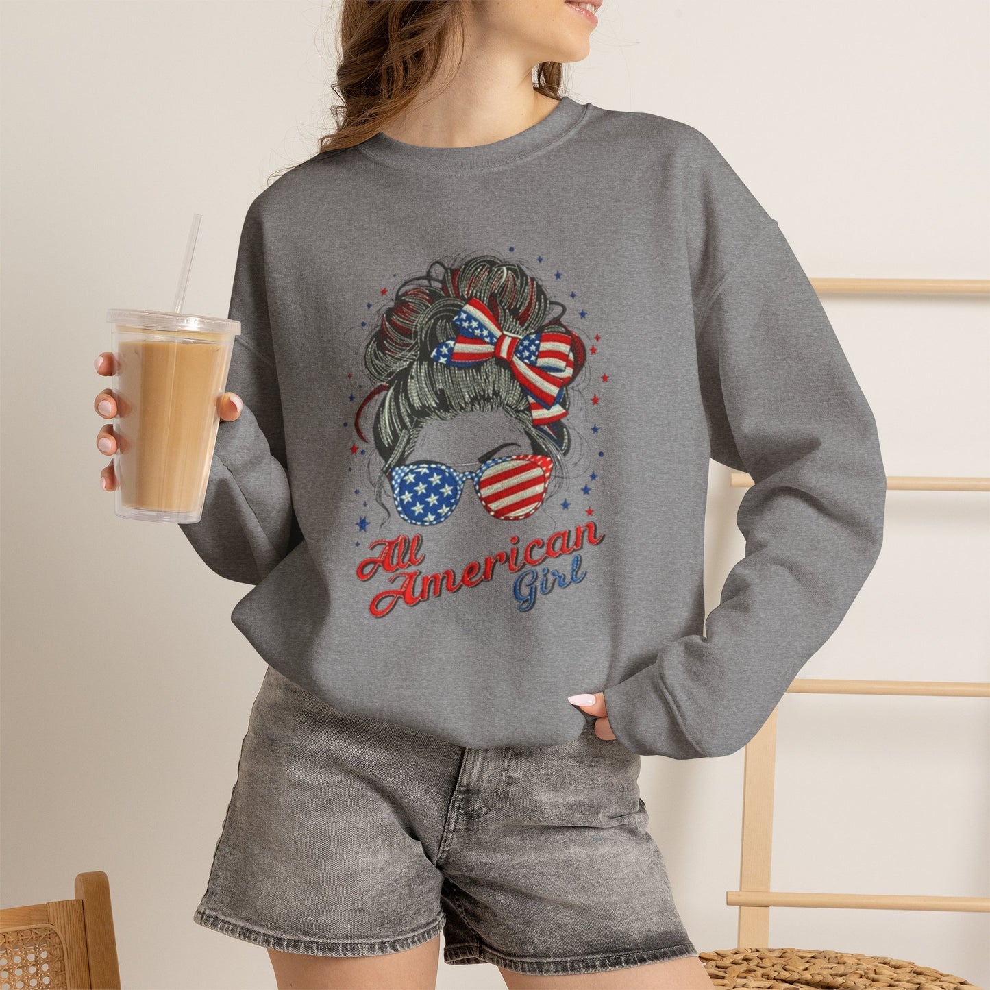 #250 "All American Girl" Patriotic Messy Bun Sweatshirt