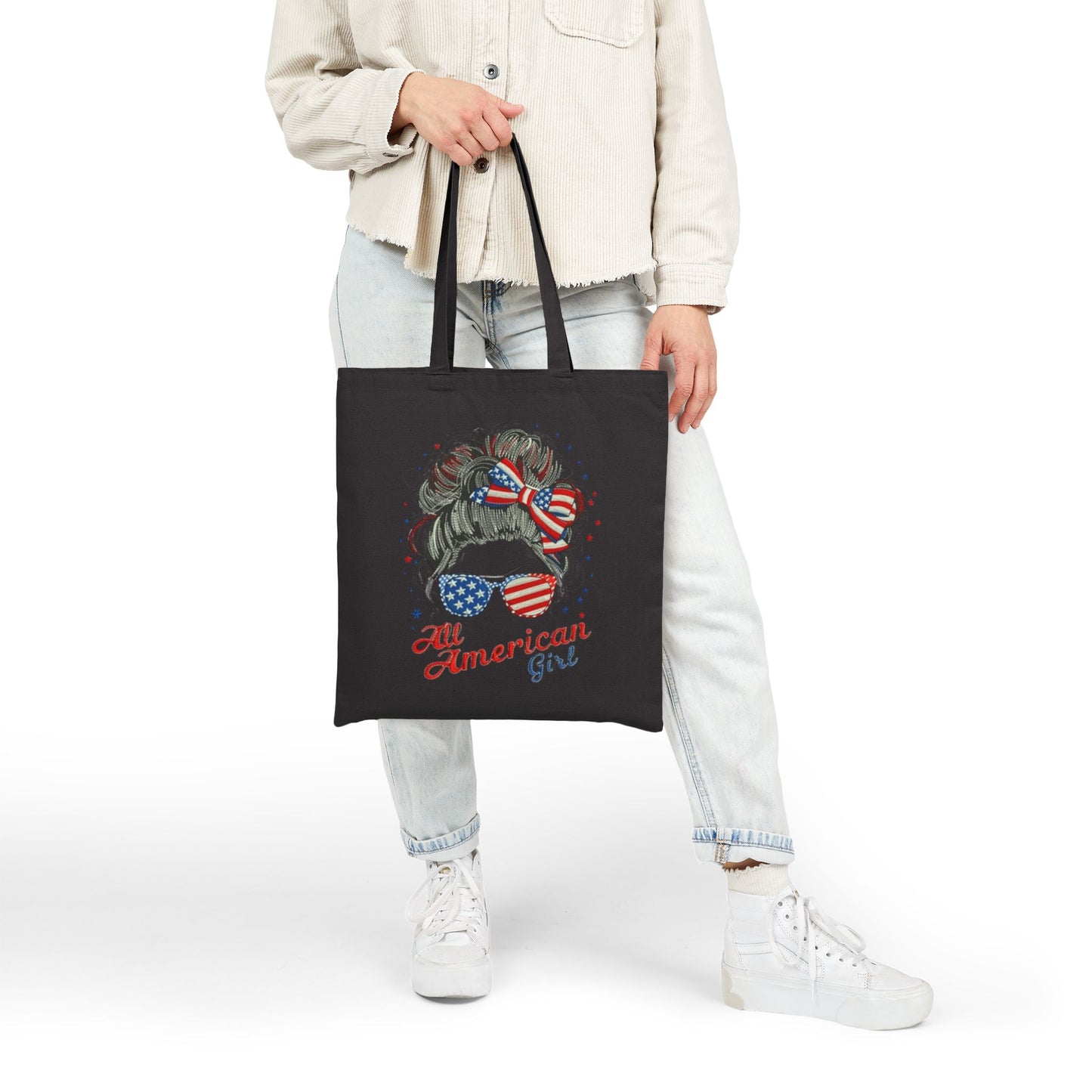 #250 "All American Girl" Patriotic Messy Bun Canvas Tote Bag