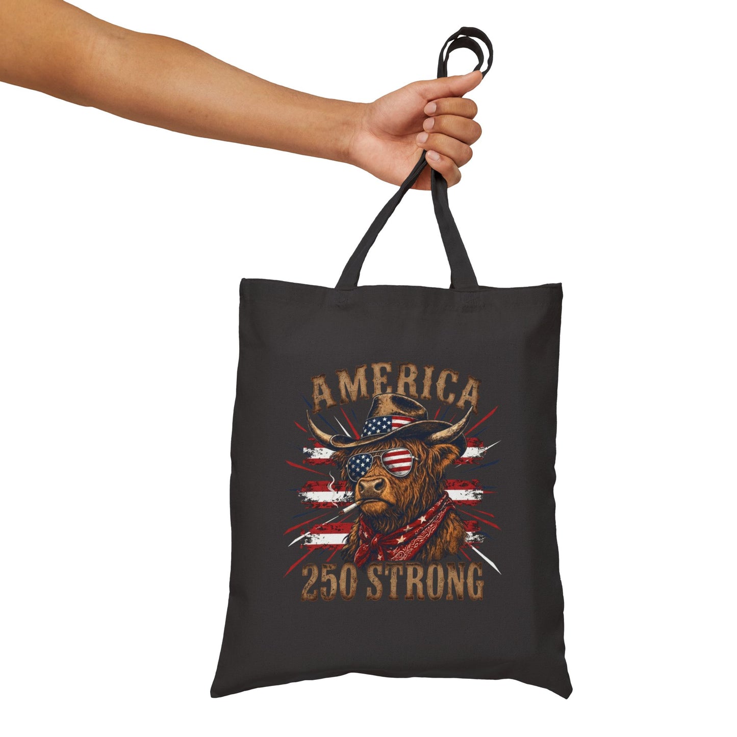 #250 America 250 Strong Patriotic Bull with American Flag Canvas Tote Bag