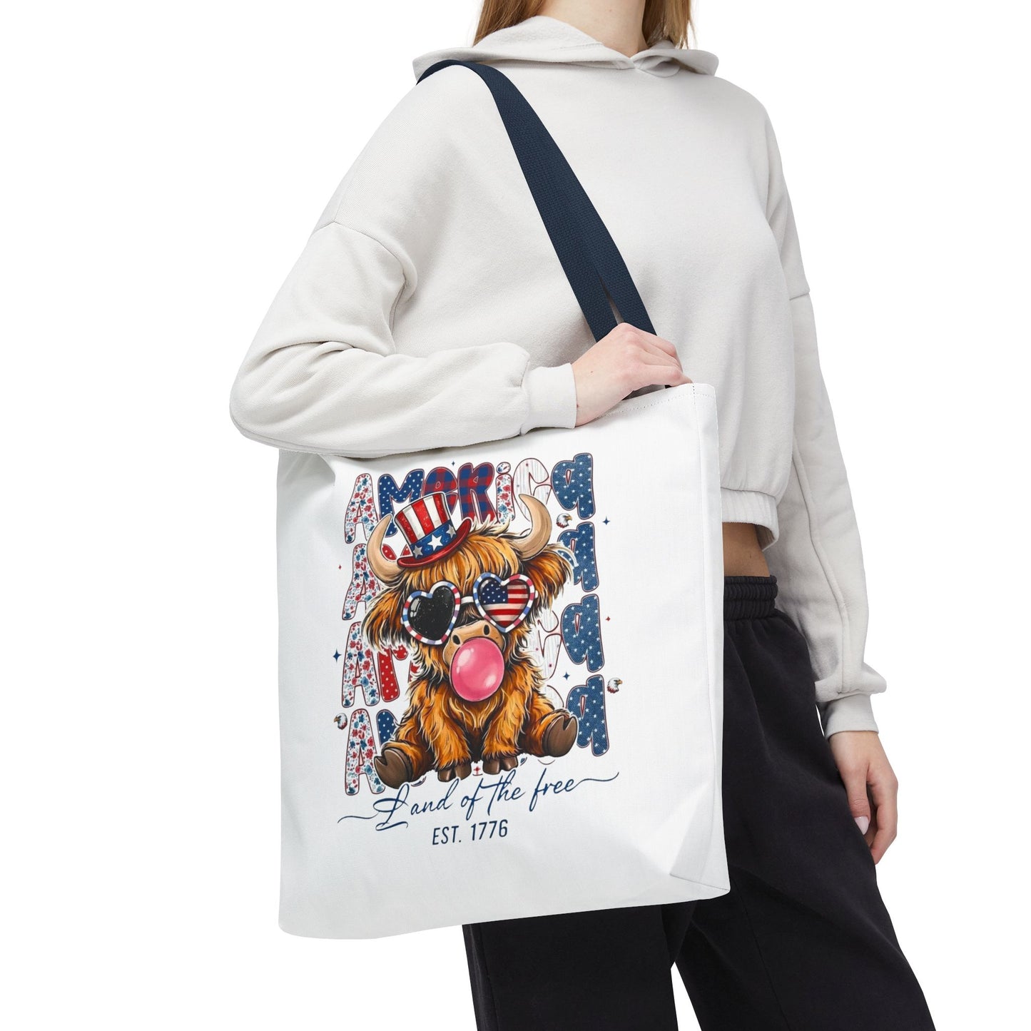 #250 American Flag Bubblegum Patriotic Highland Cow Tote Bag