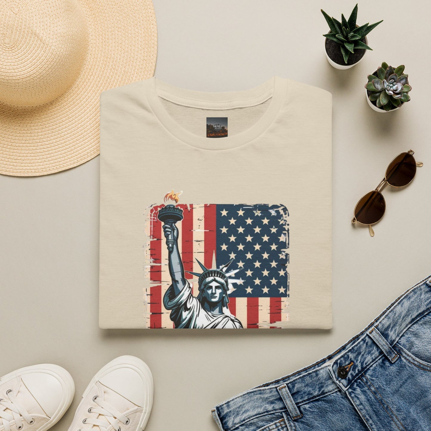 #250 Statue of Liberty American Flag 'America' Patriotic Independence Day T‑Shirt
