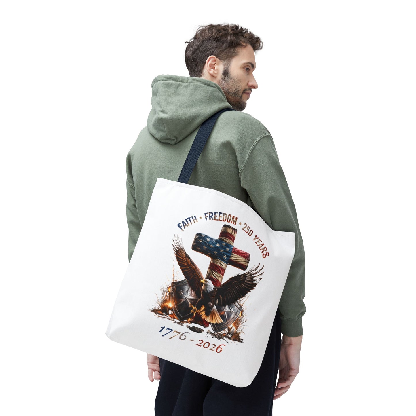 #250 Faith • Freedom 250 Years American Flag Cross & Eagle 1776-2026 Tote Bag