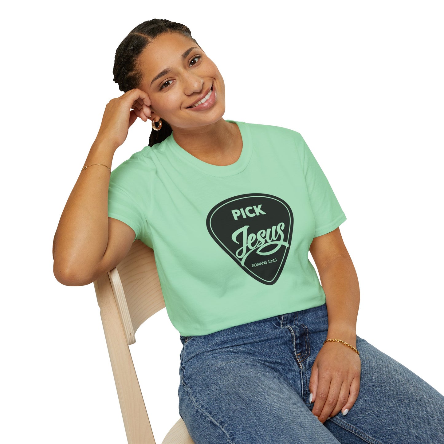 Pick Jesus T-Shirt — Christian Guitar Pick Design (Romans 10:13)