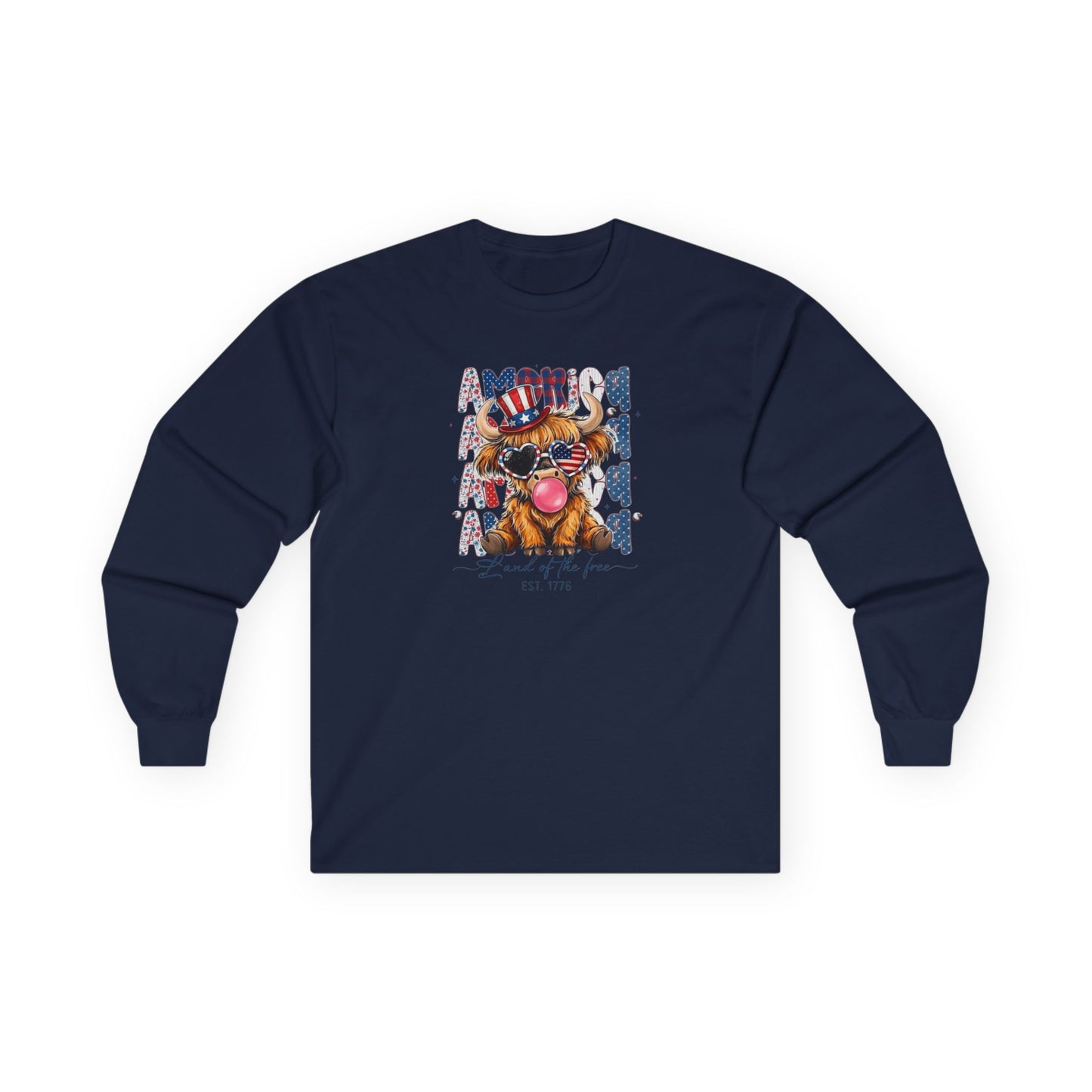 #250 American Flag Bubblegum Patriotic Highland Cow Long Sleeve Tee
