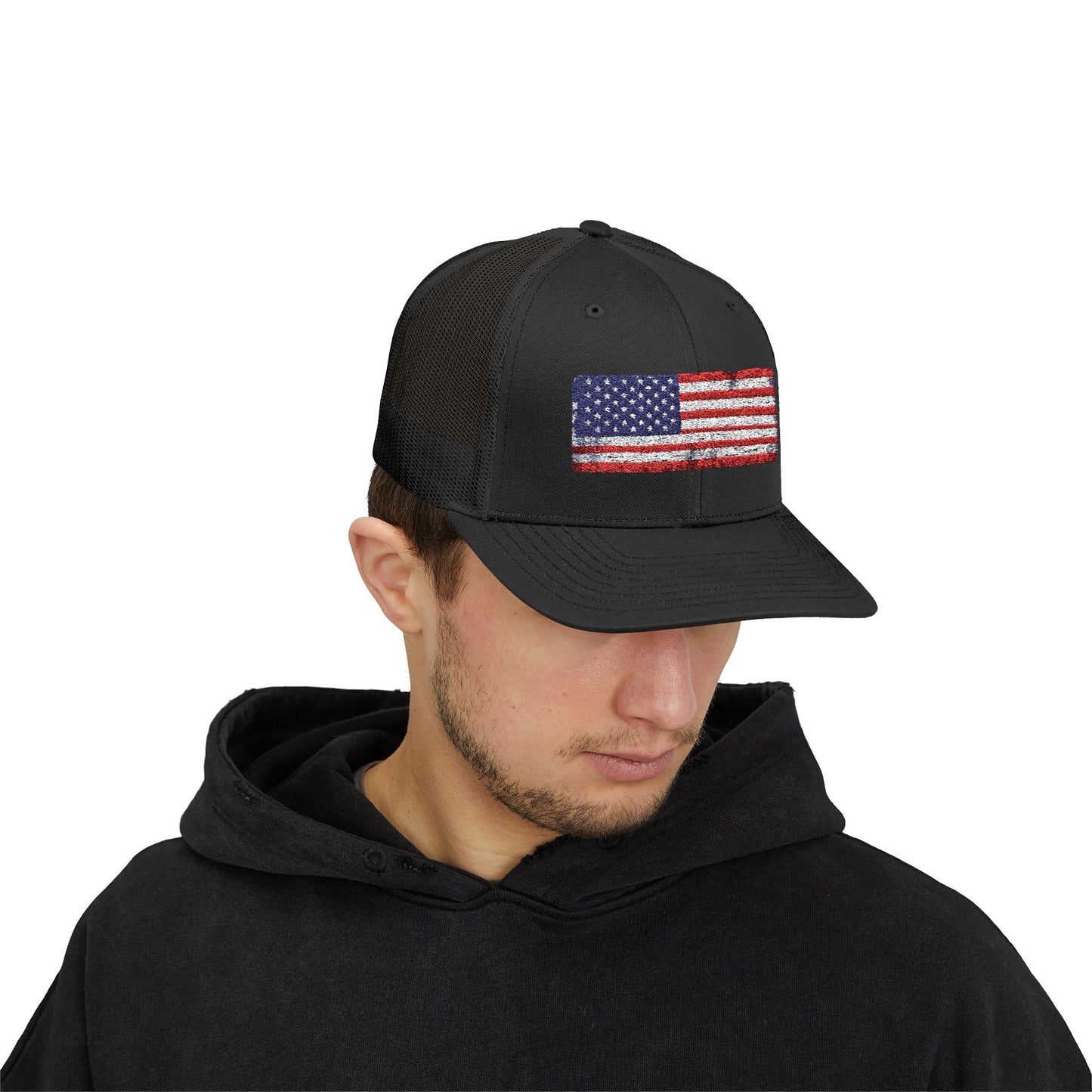 #250 Distressed American Flag Snapback Trucker Cap
