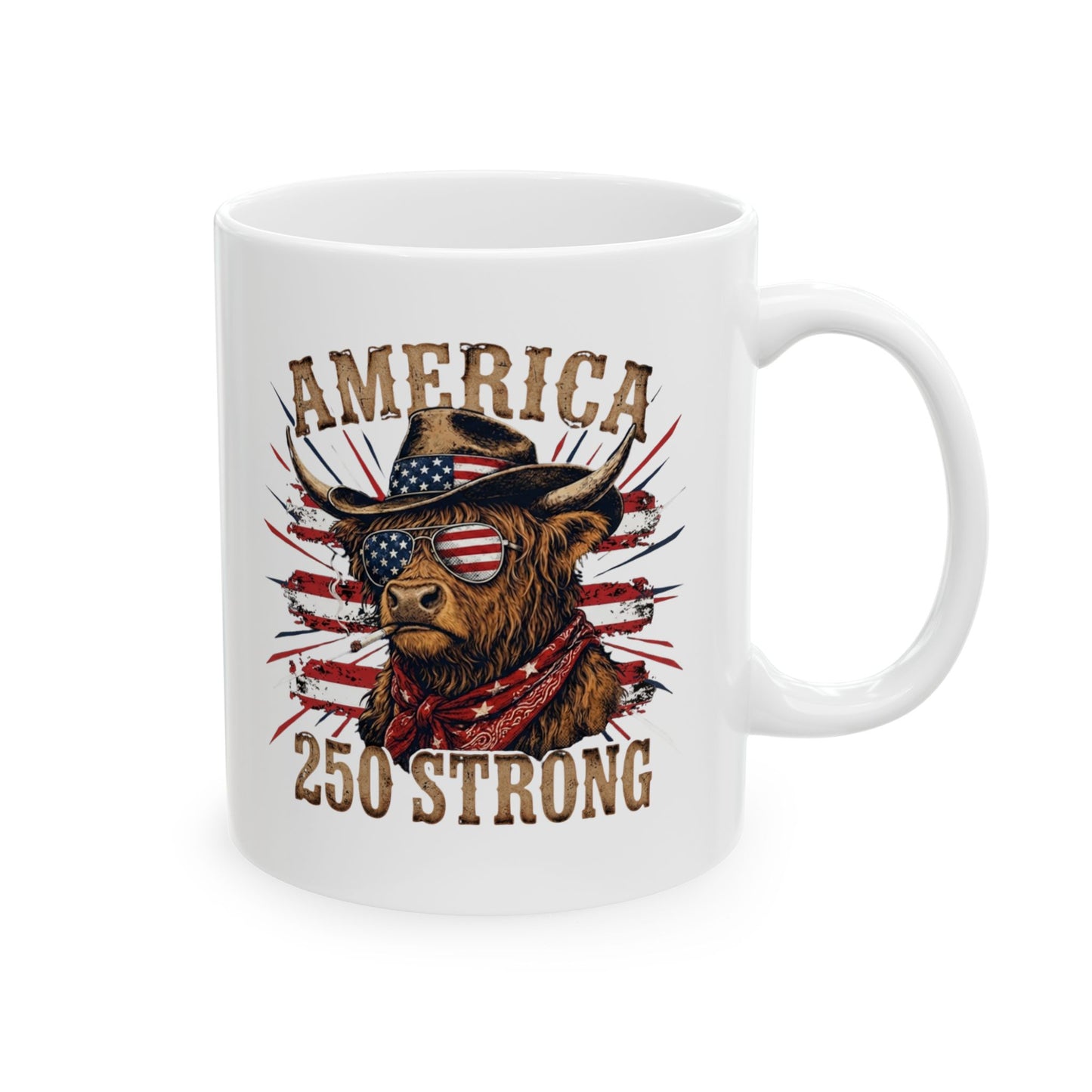 #250 America 250 Strong Patriotic Bull with American Flag Ceramic Mug - 11oz & 15oz