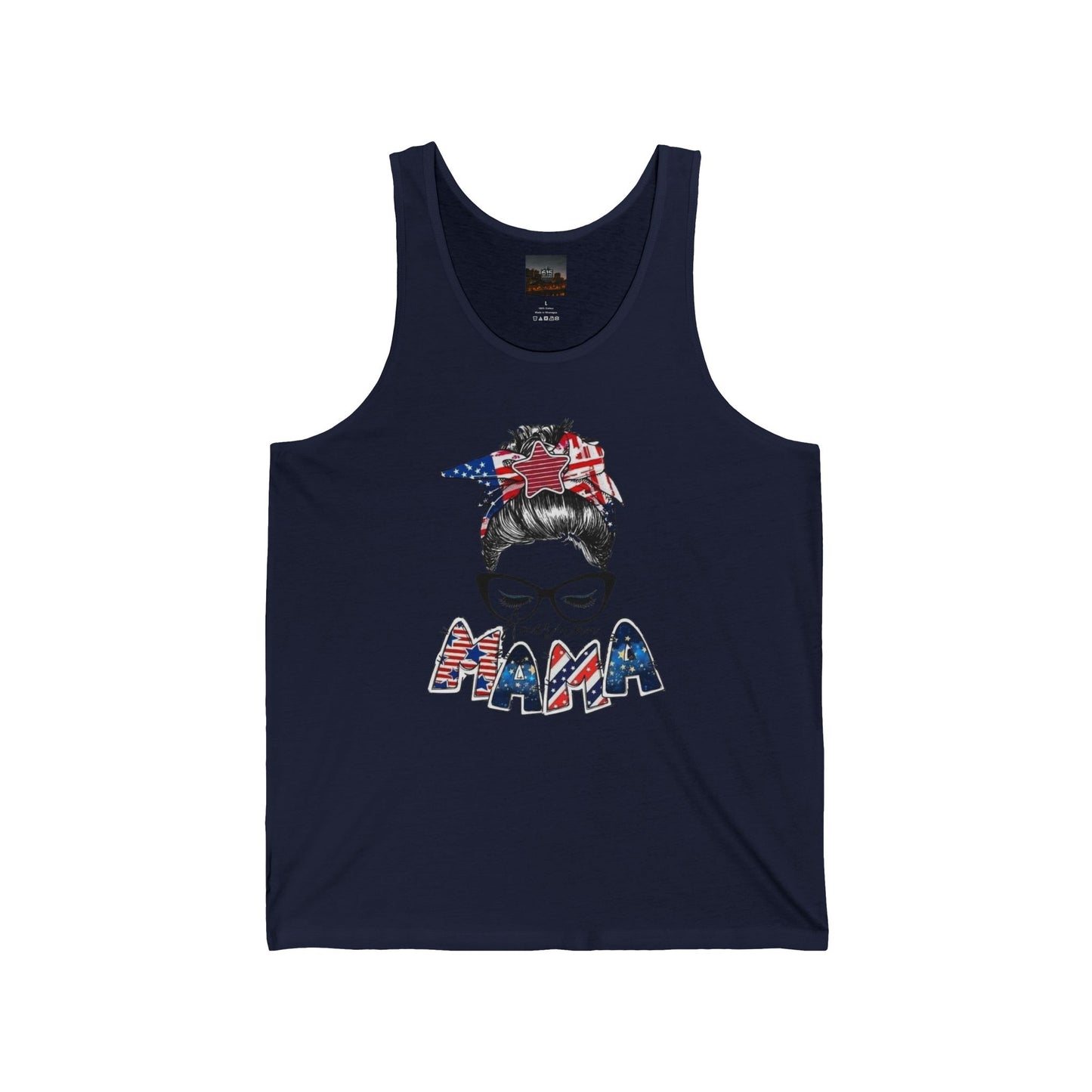 #250 Mama USA Flag Messy Bun Tank Top