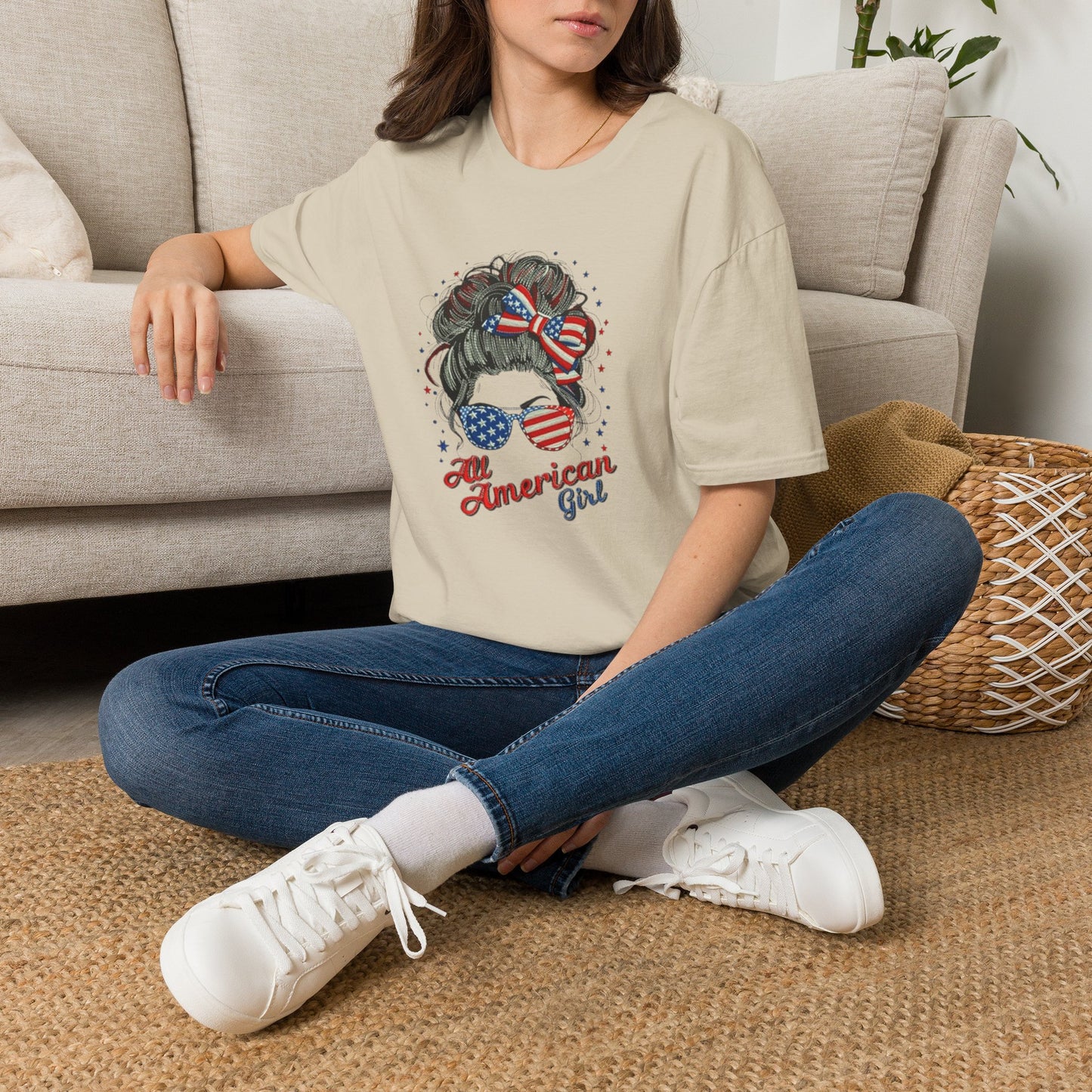 #250 "All American Girl" Patriotic Messy Bun T-Shirt