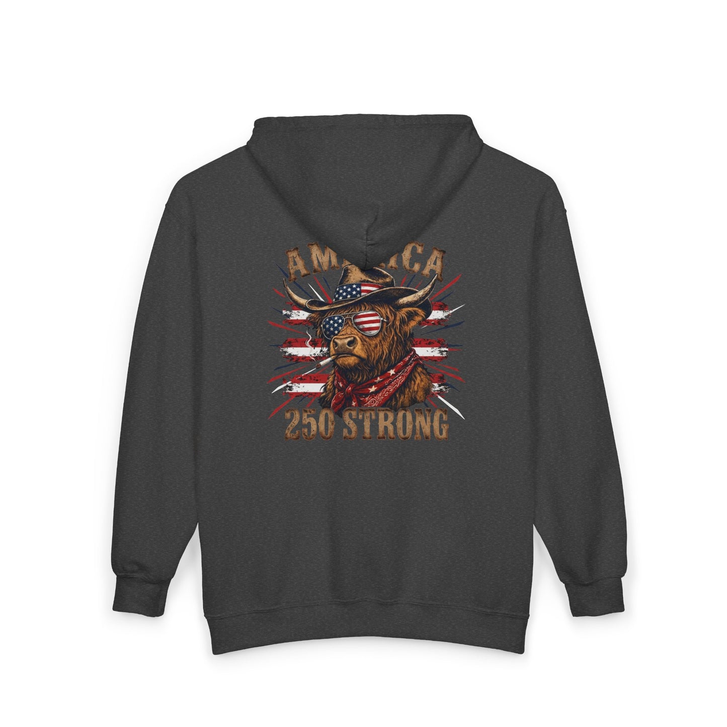 #250 America 250 Strong Patriotic Bull with American Flag Zip Hoodie