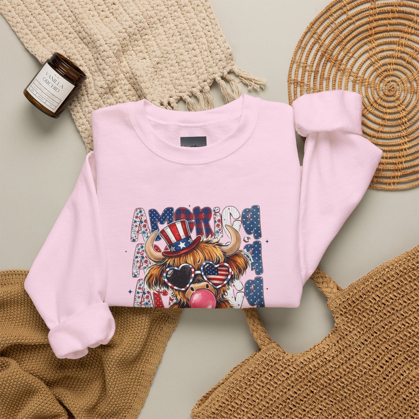 #250 American Flag Bubblegum Patriotic Highland Cow Sweatshirt