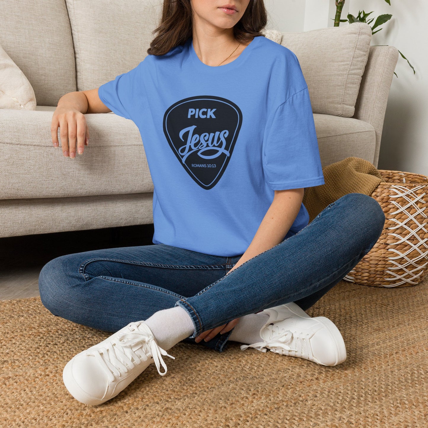 Pick Jesus T-Shirt — Christian Guitar Pick Design (Romans 10:13)