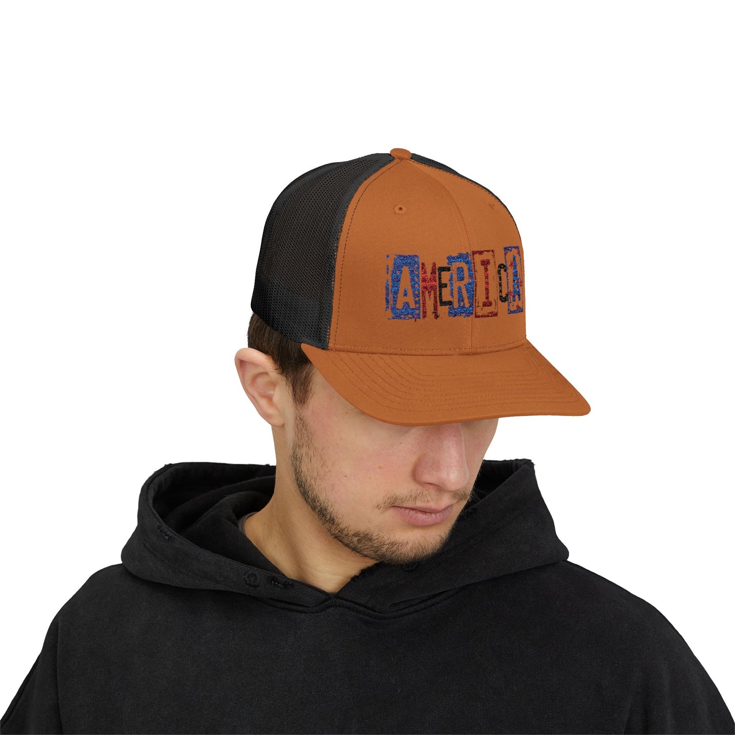#250 America Retro Block Text Patriotic Snapback Trucker Cap