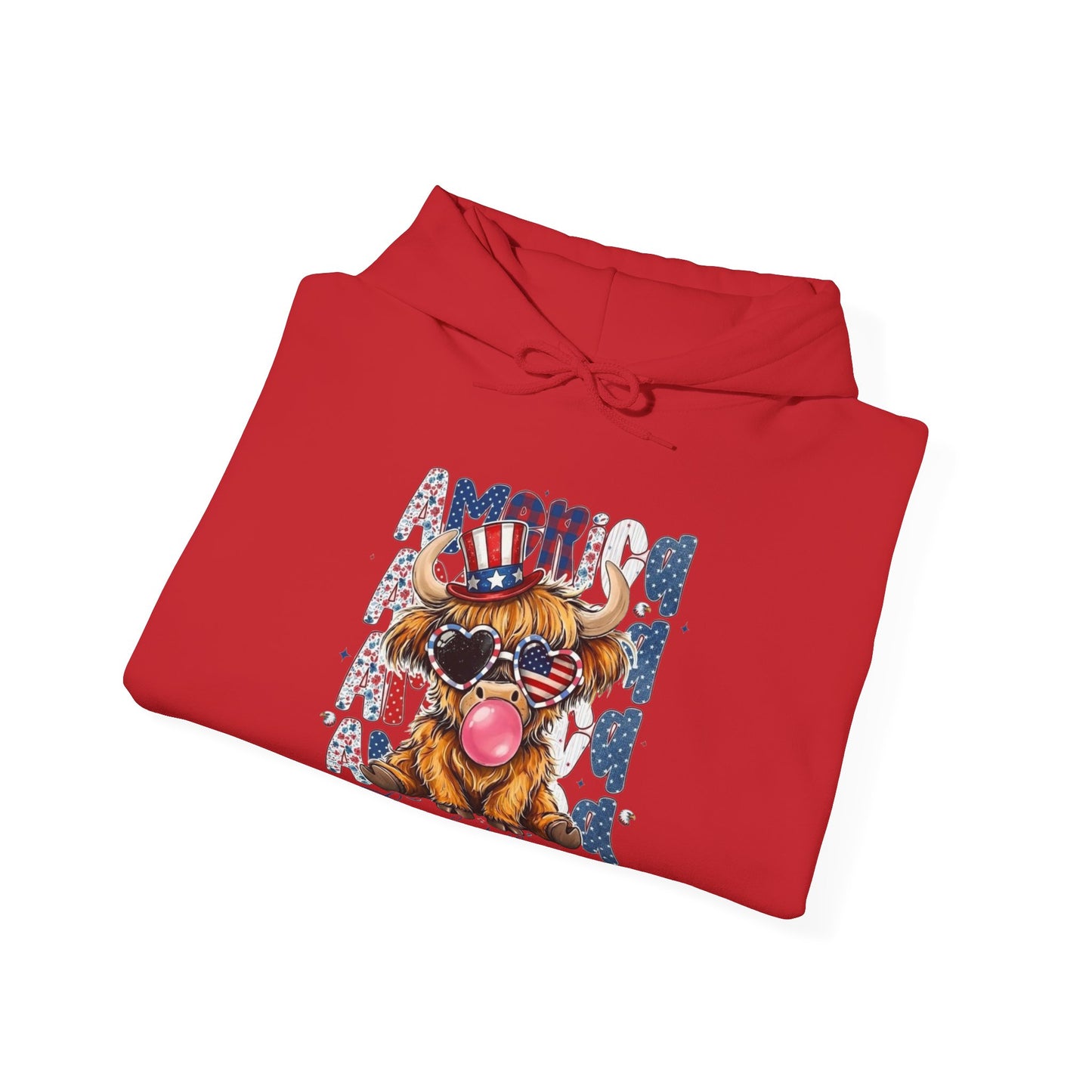 #250 American Flag Bubblegum Patriotic Highland Cow Hoodie