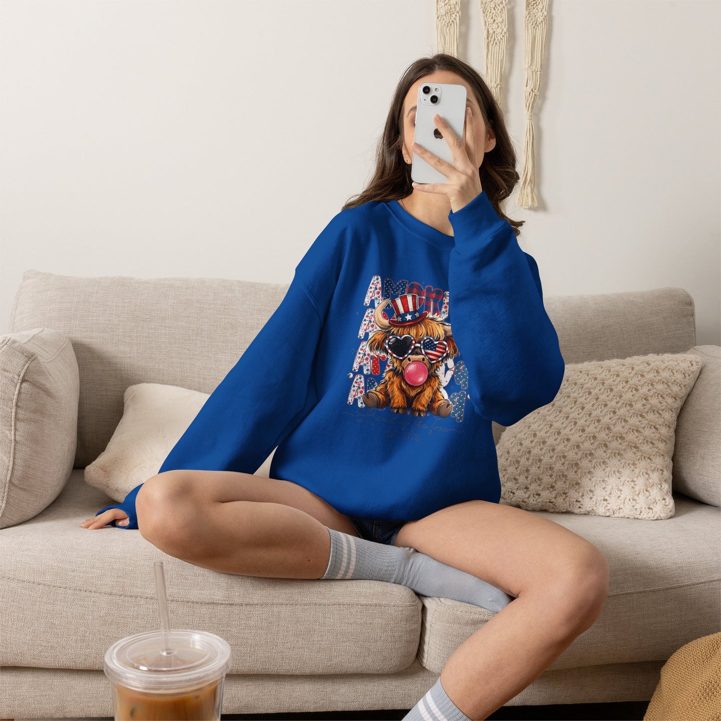 #250 American Flag Bubblegum Patriotic Highland Cow Sweatshirt
