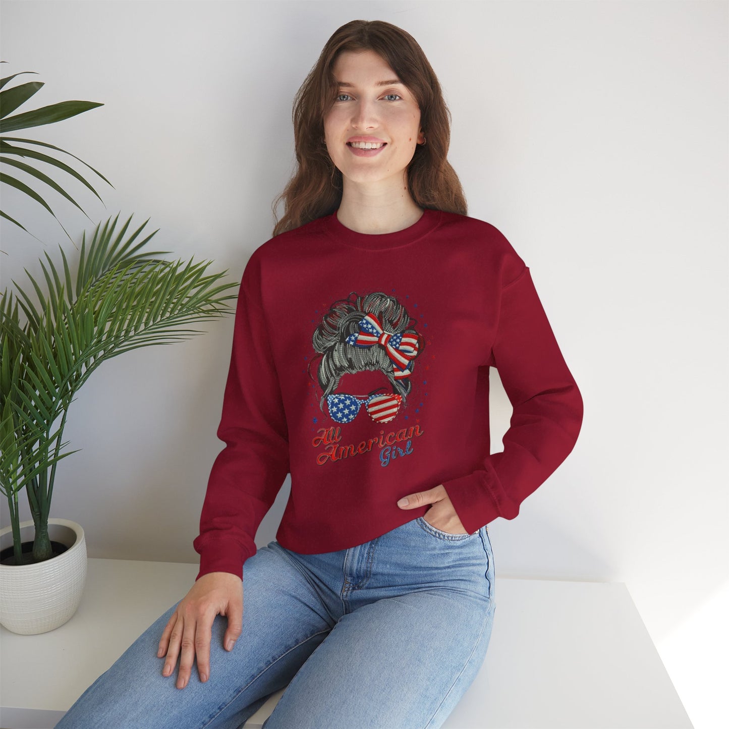 #250 "All American Girl" Patriotic Messy Bun Sweatshirt