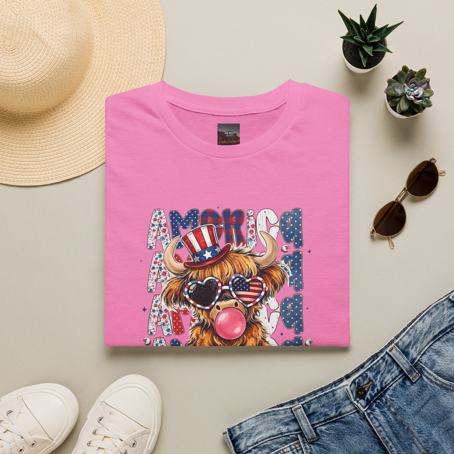 #250 American Flag Bubblegum Patriotic Highland Cow T-Shirt