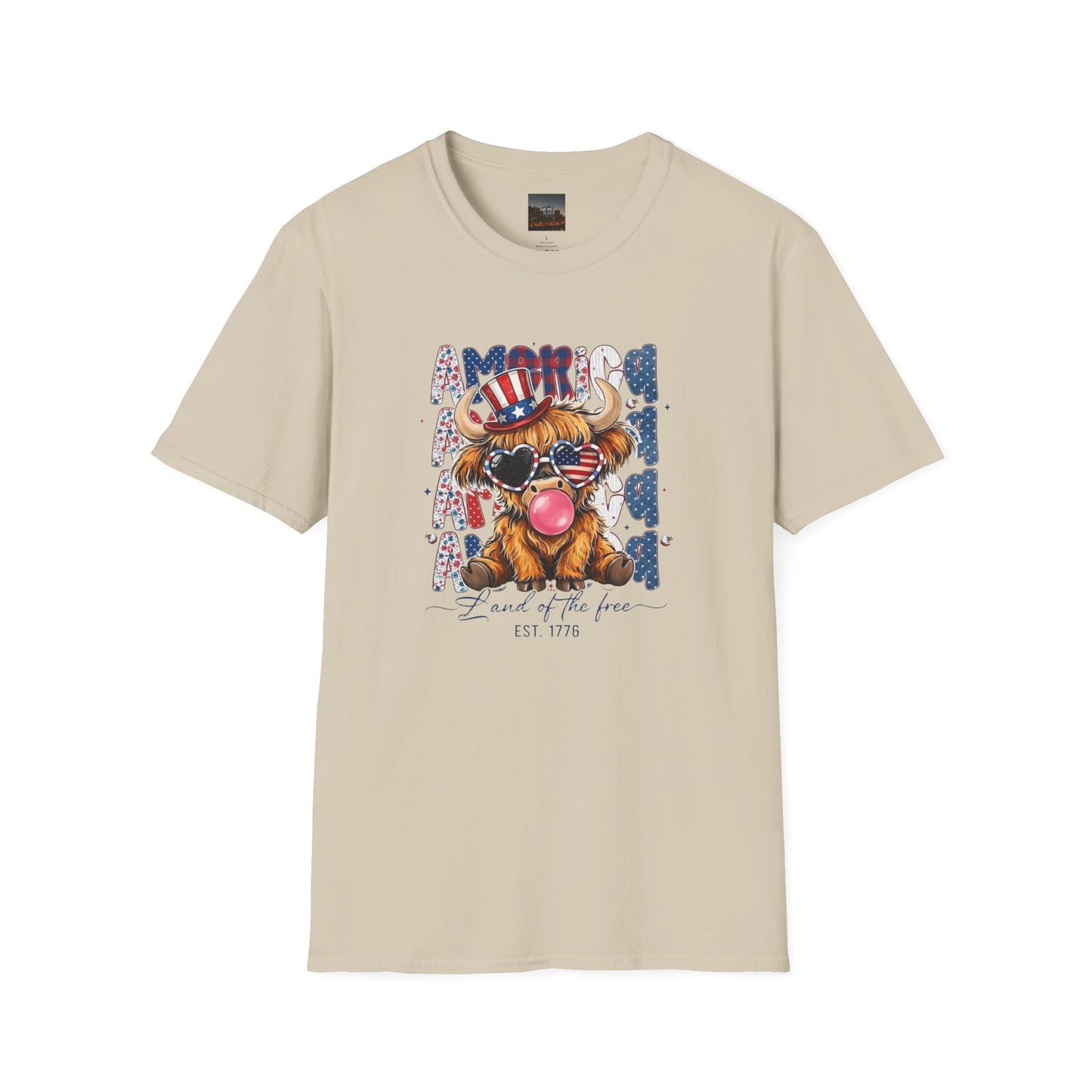 #250 American Flag Bubblegum Patriotic Highland Cow T-Shirt