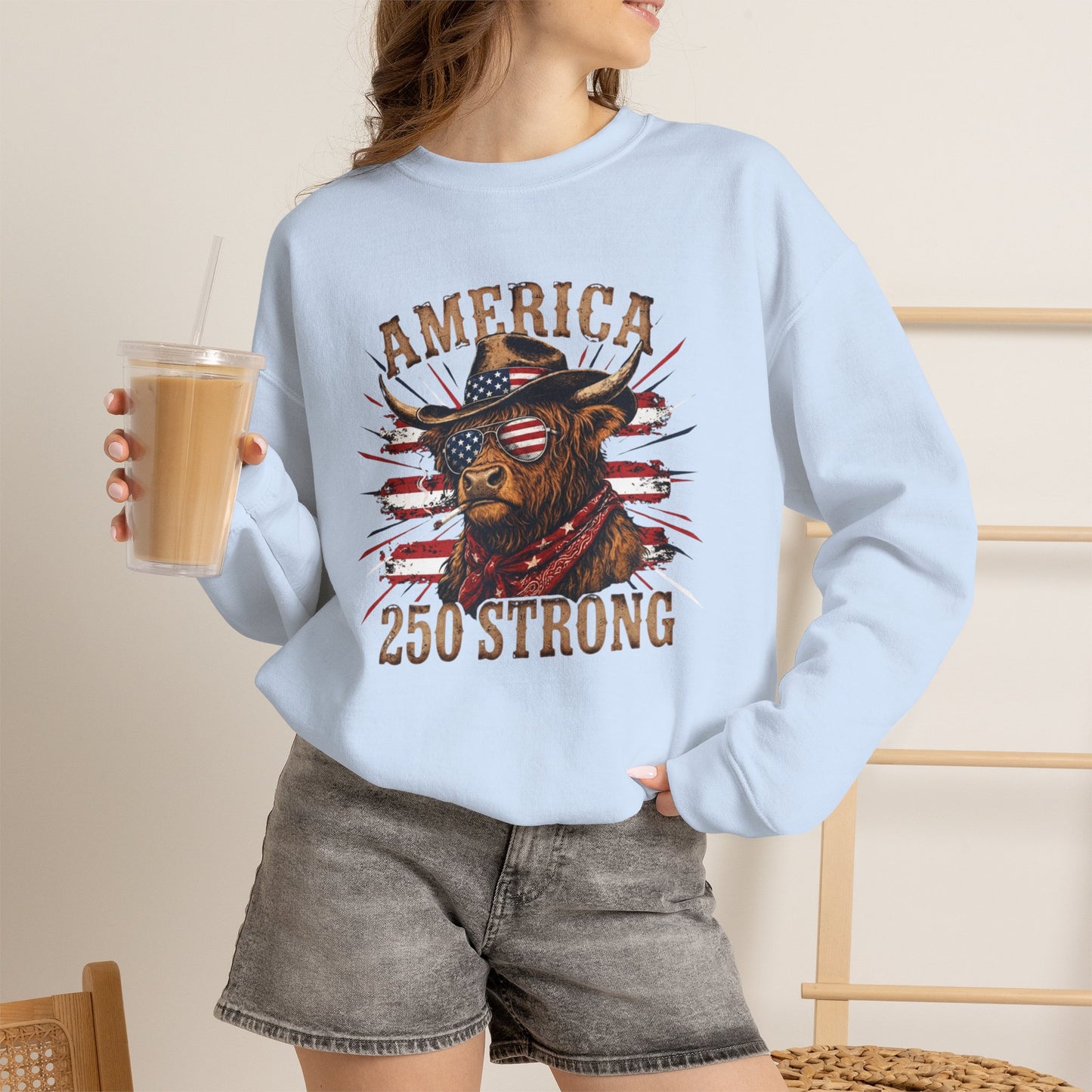 #250 America 250 Strong Patriotic Bull with American Flag Sweatshirt