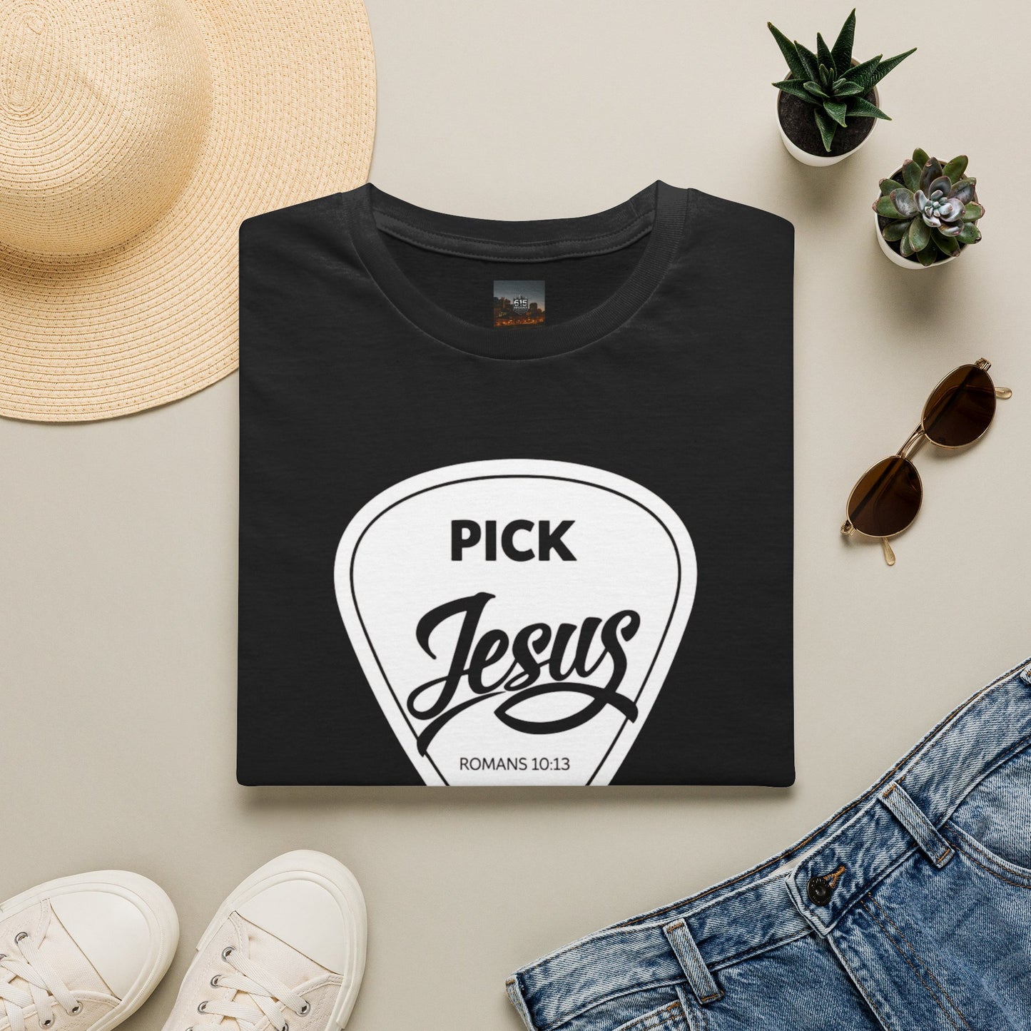 Pick Jesus T-Shirt — Christian Guitar Pick Design (Romans 10:13)