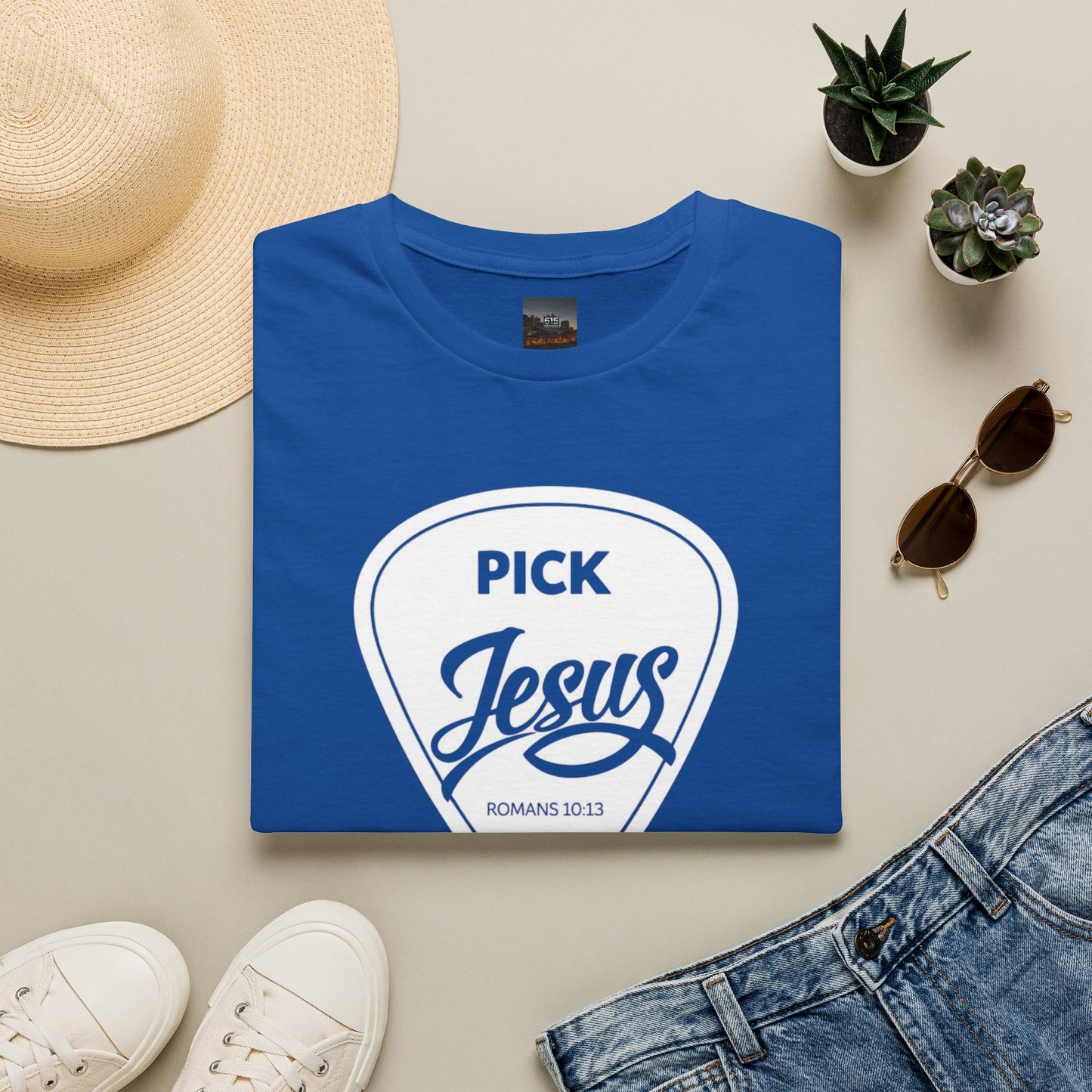 Pick Jesus T-Shirt — Christian Guitar Pick Design (Romans 10:13)