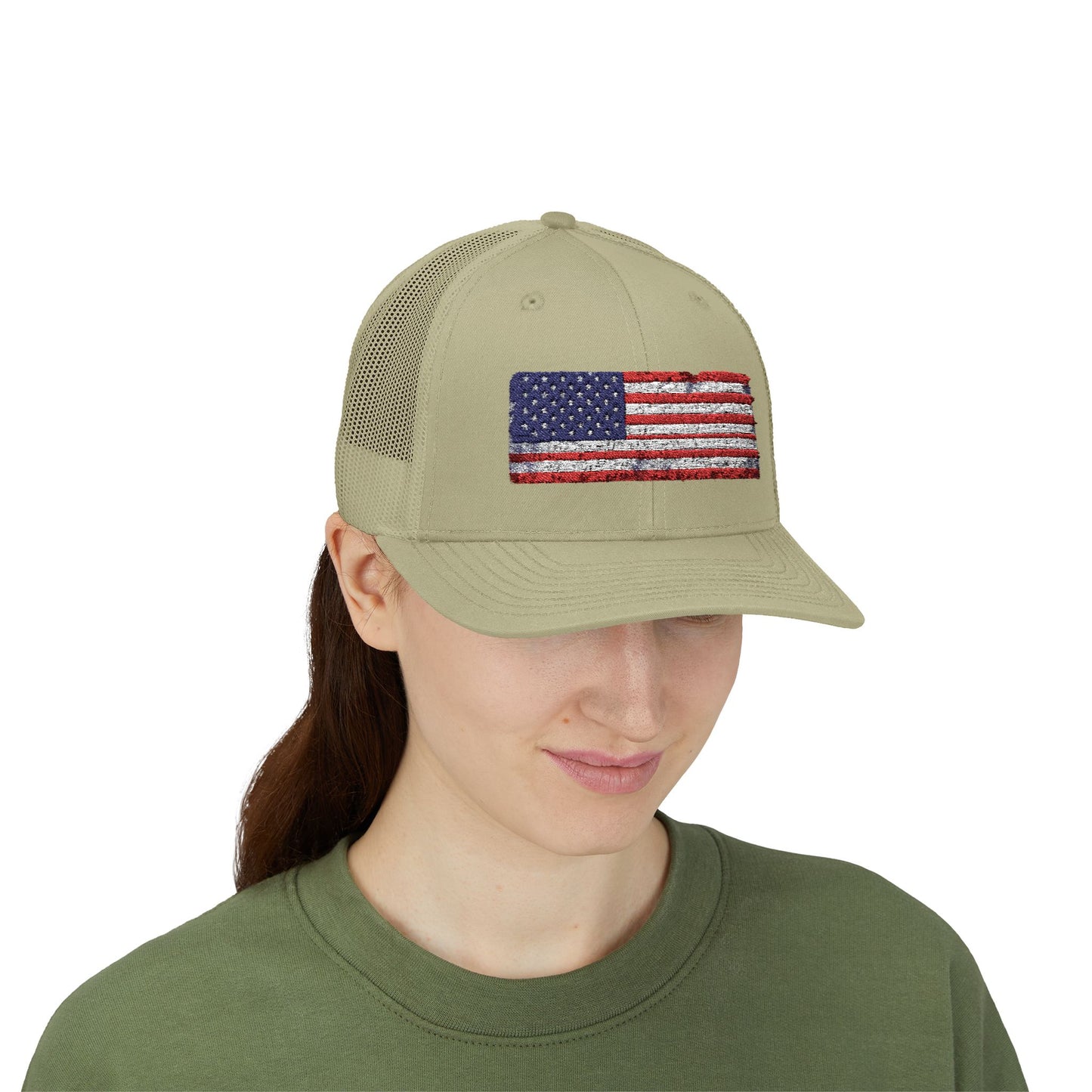 #250 Distressed American Flag Snapback Trucker Cap