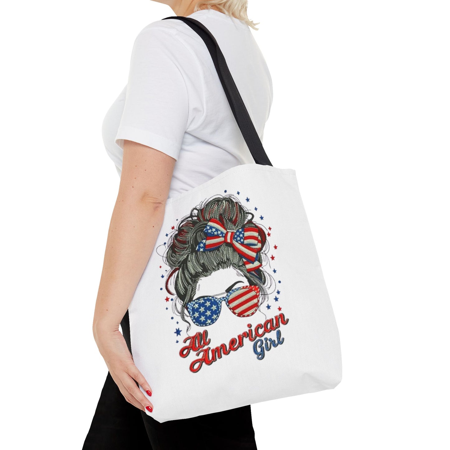 #250 "All American Girl" Patriotic Messy Bun Tote Bag