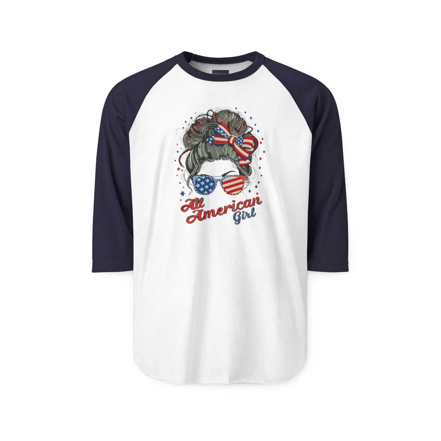 #250 "All American Girl" Patriotic Messy Bun Raglan 3/4 Sleeve Baseball Tee