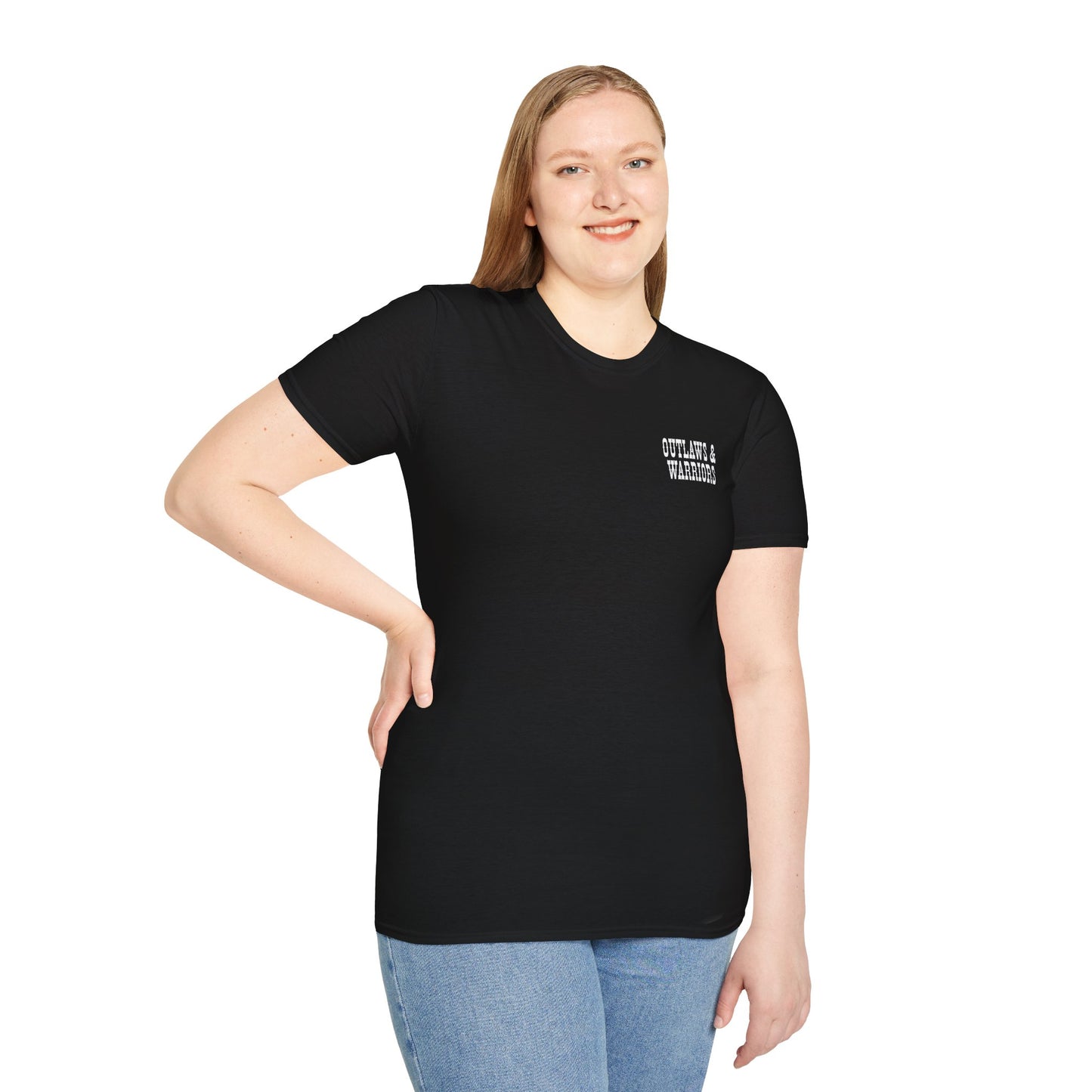 Outlaws & Warriors 100% Cotton SoftStyle T-Shirt — Minimal Chest Logo with Graphic On Back