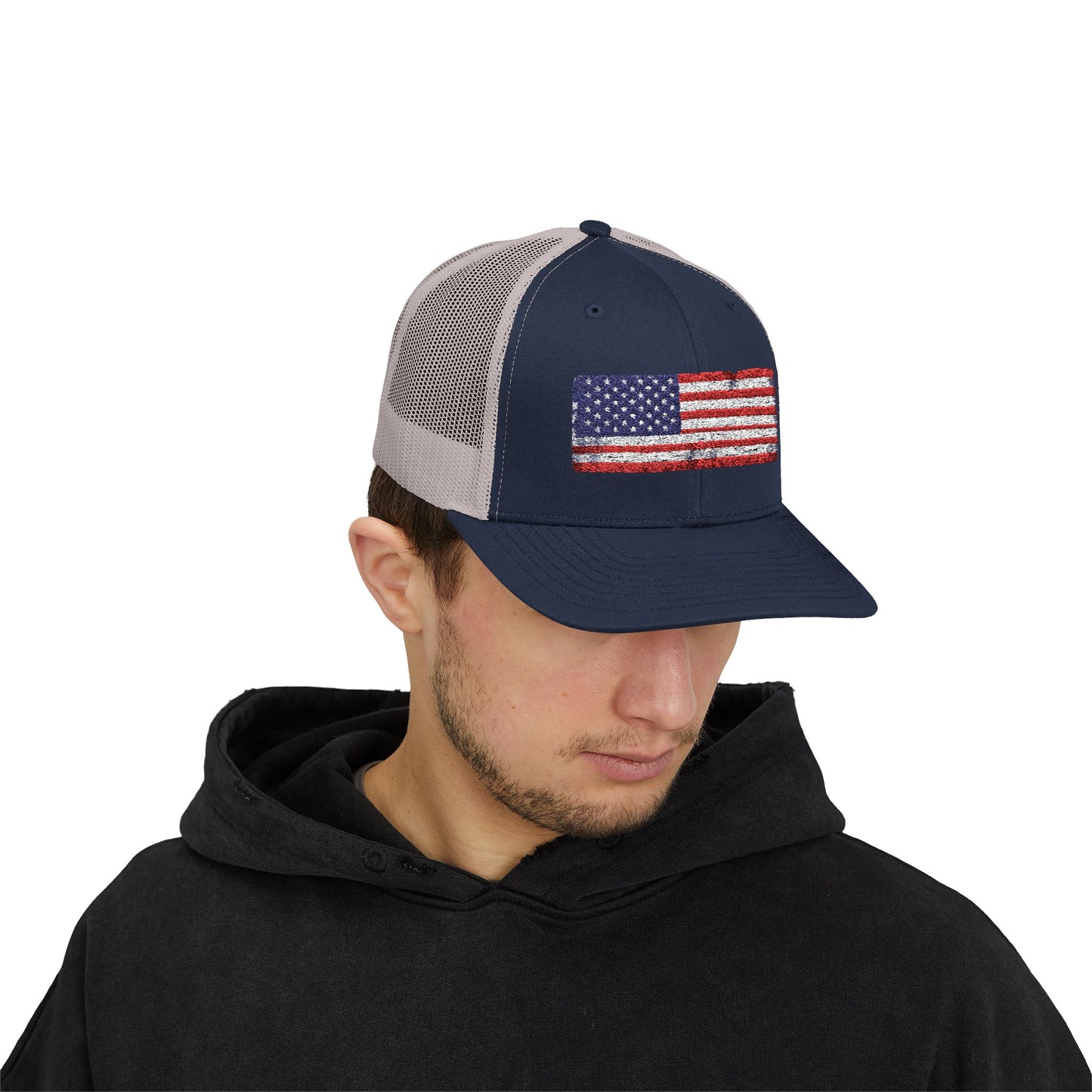 #250 Distressed American Flag Snapback Trucker Cap